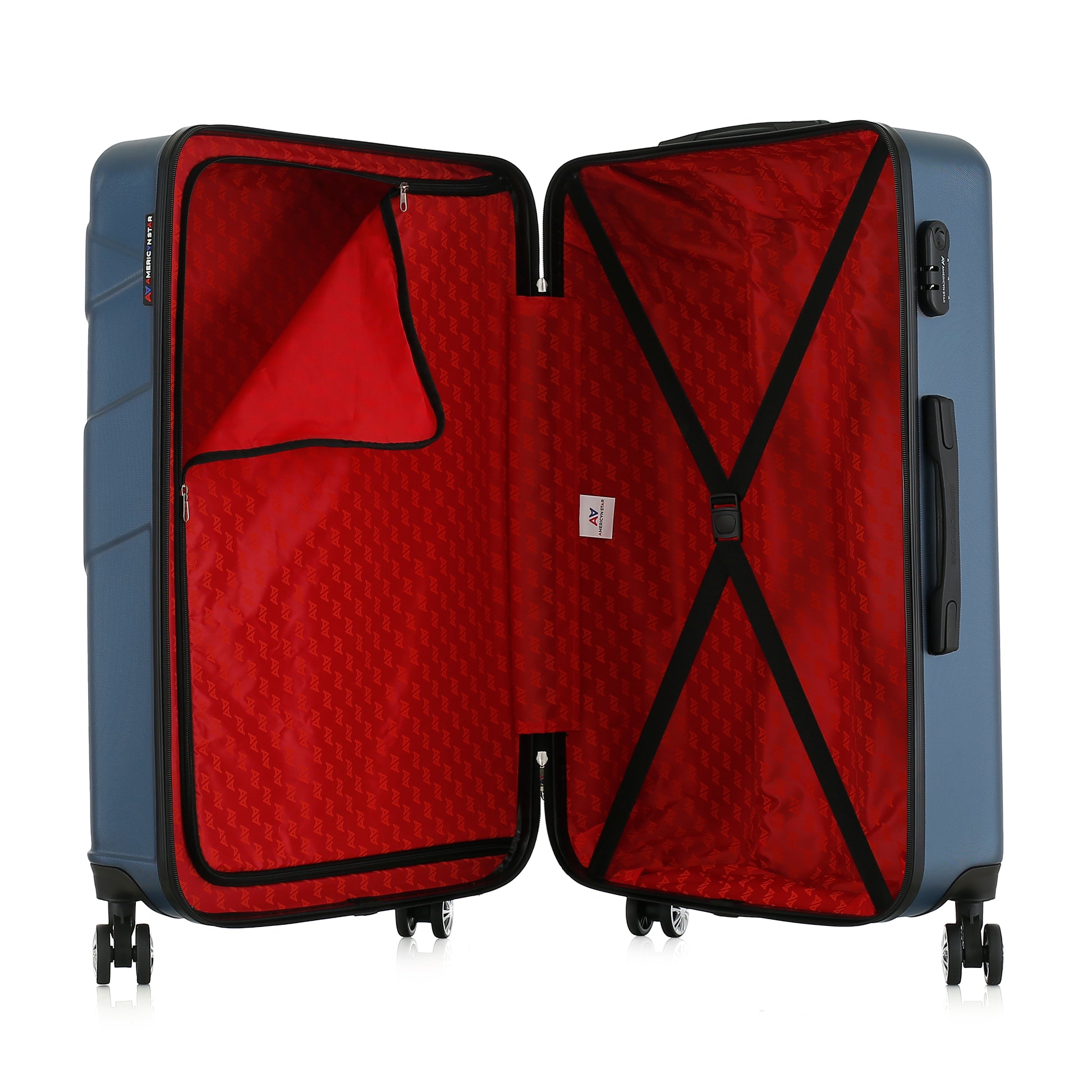 Grande valise bleue ouverte
