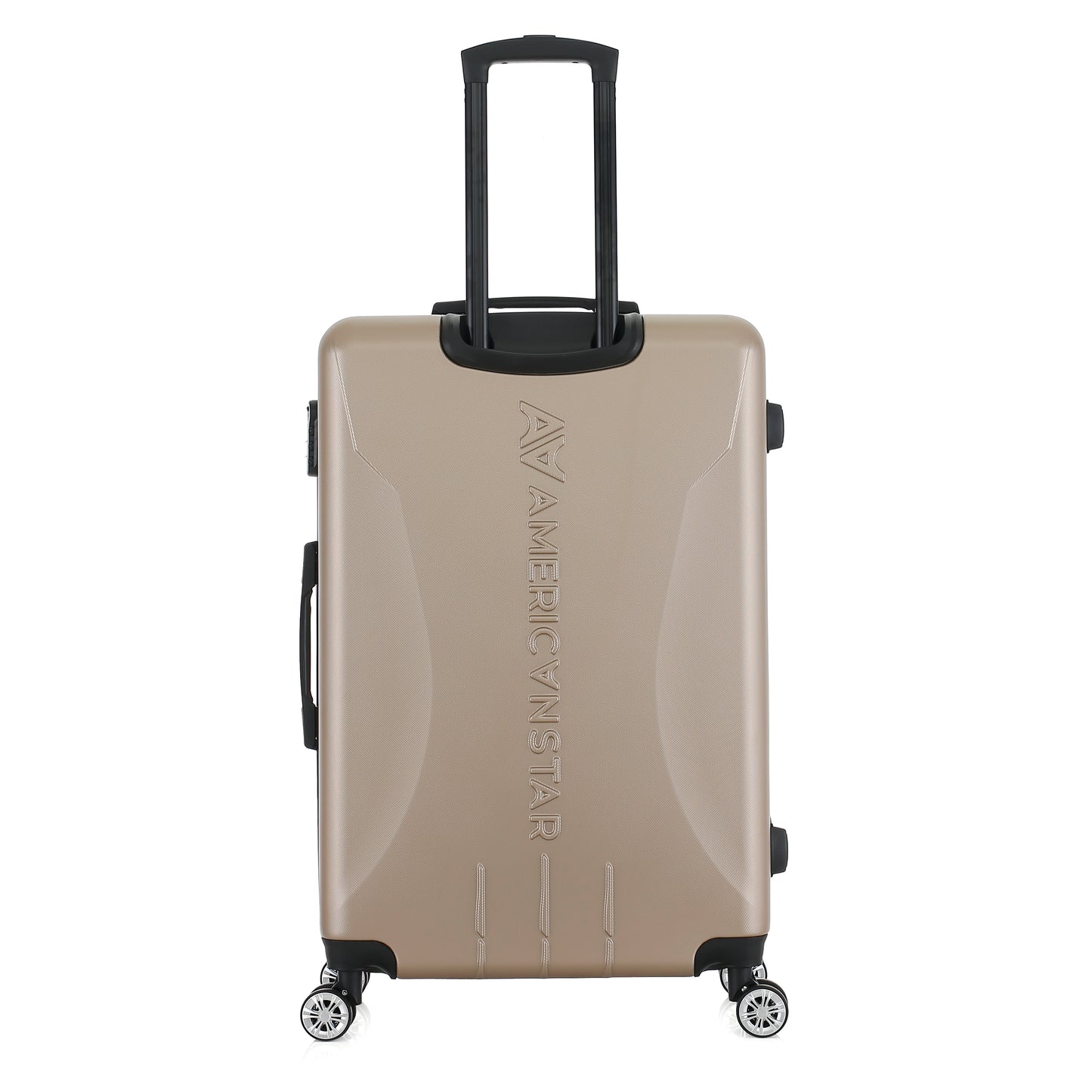 Grande valise beige de dos
