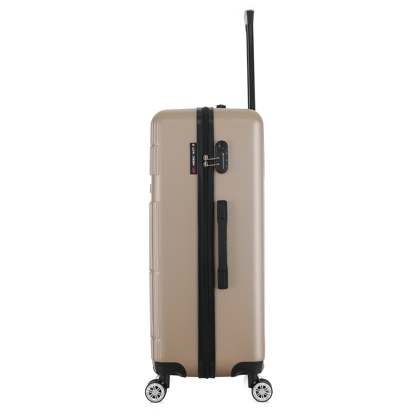 Grande valise beige de côté
