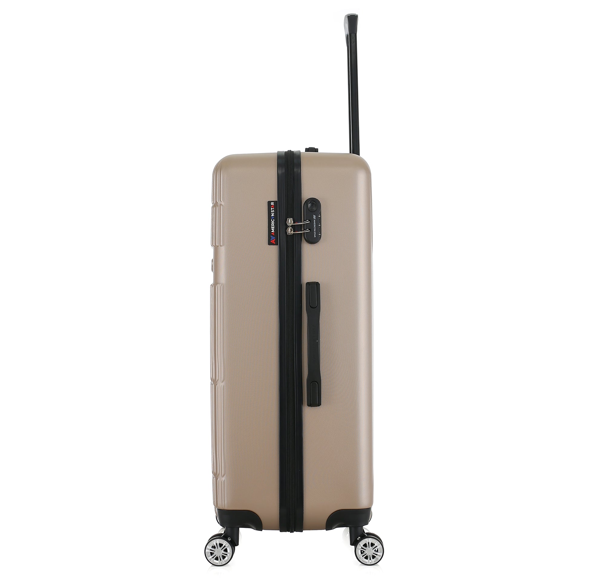 Grande valise beige de côté
