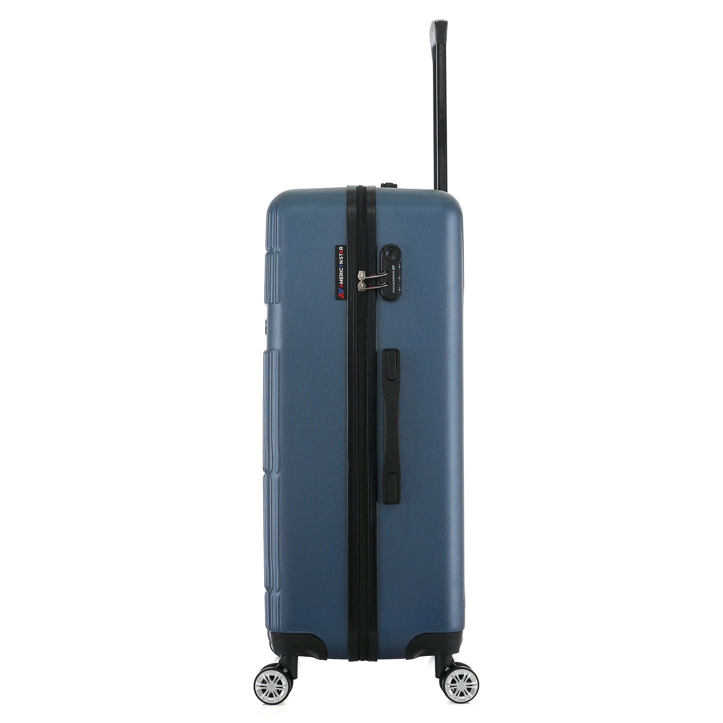 Grande valise bleue de côté
