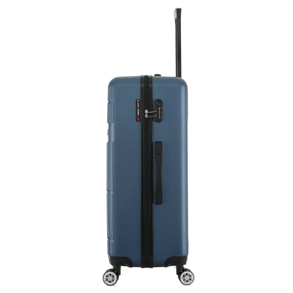Grande valise bleue de côté
