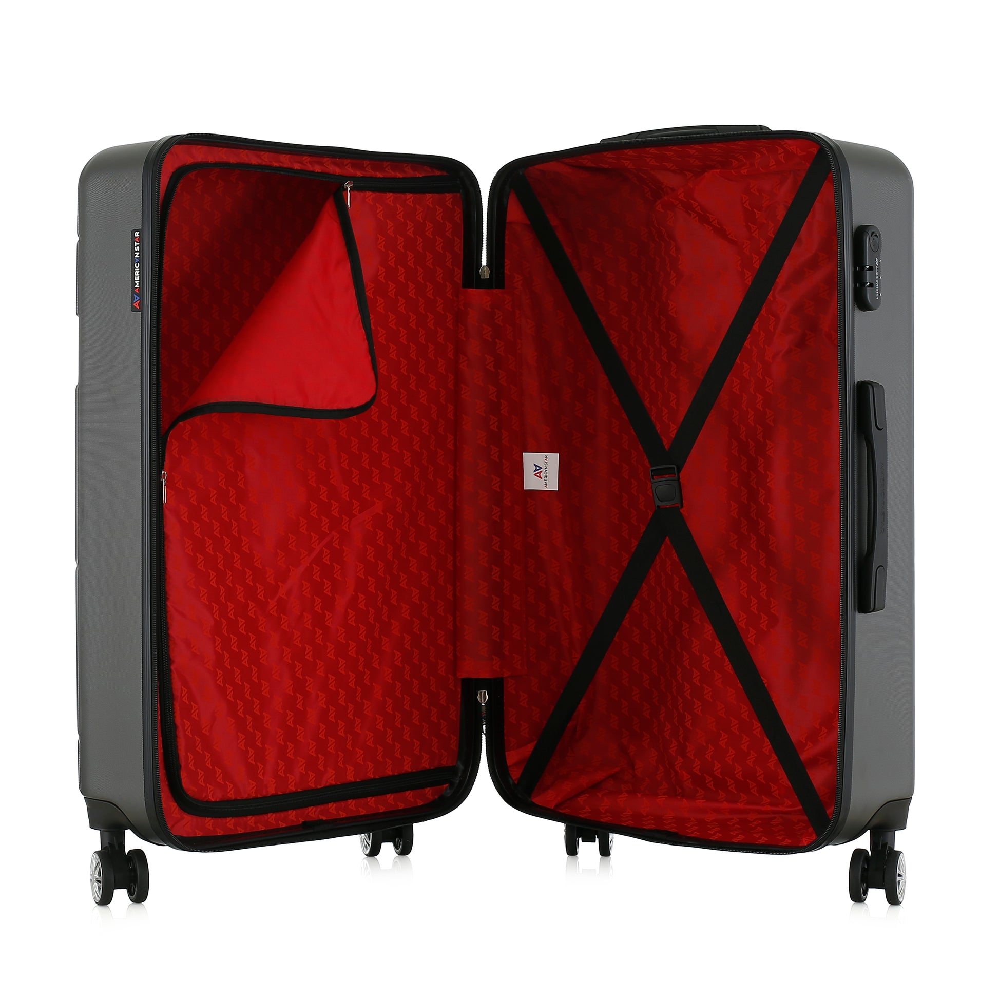 Grande valise grise ouverte
