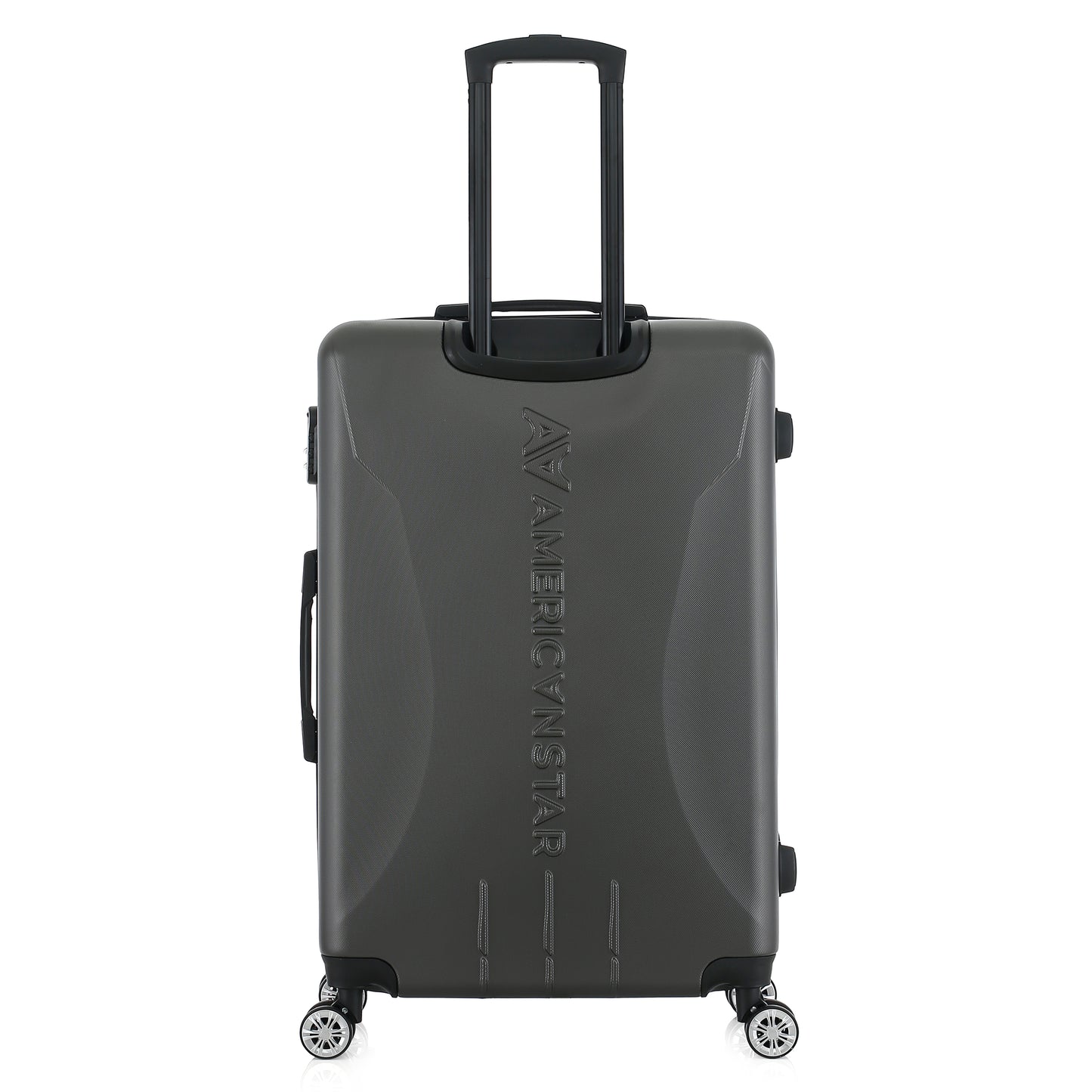 Grande valise grise de dos
