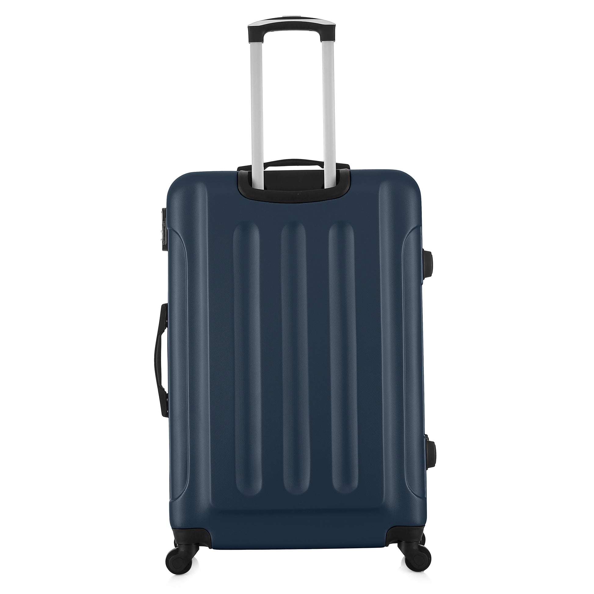 Grande valise bleue de dos
