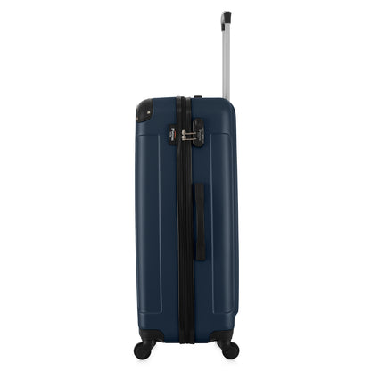Grande valise bleue de côté

