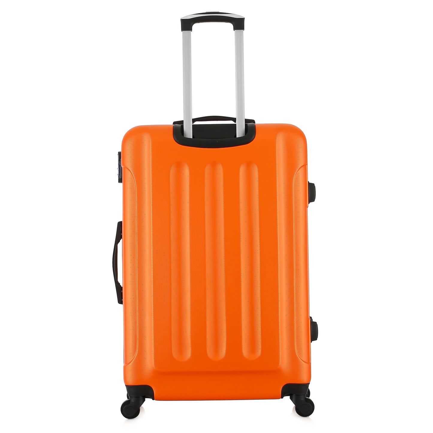 Grande valise orange de dos
