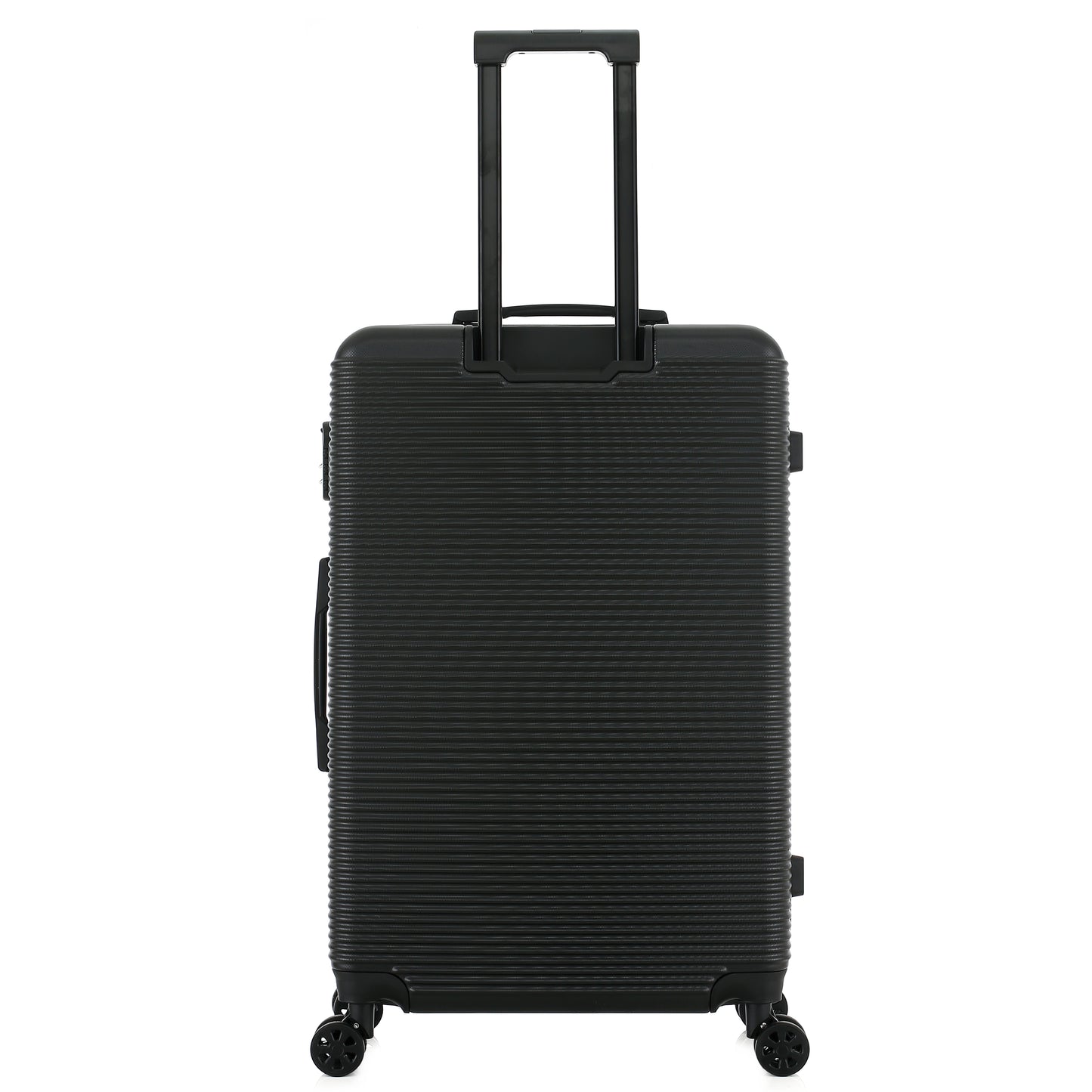 Grande valise noire de dos
