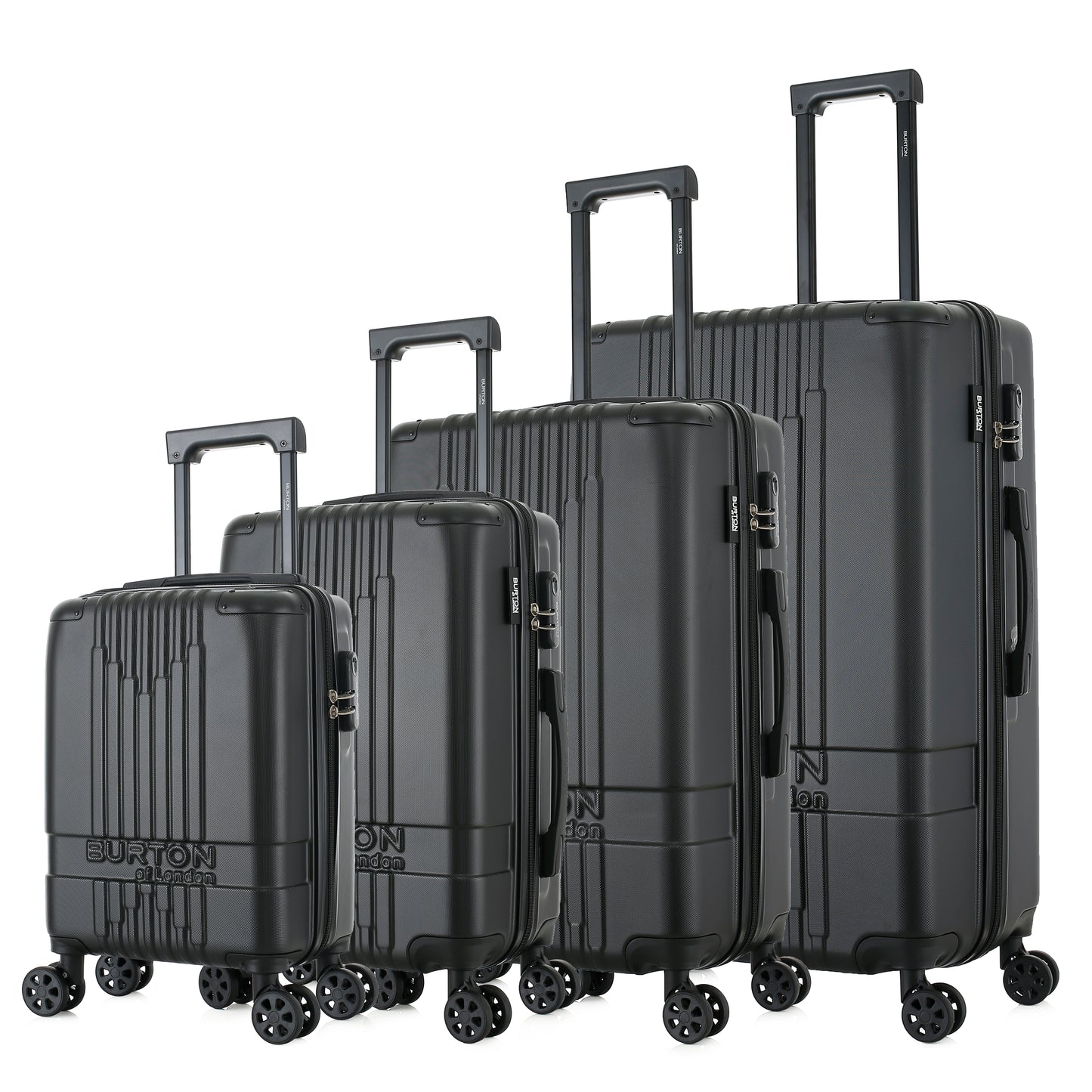 Set de 4 valises noires de notre collection Burton, London, de côté
