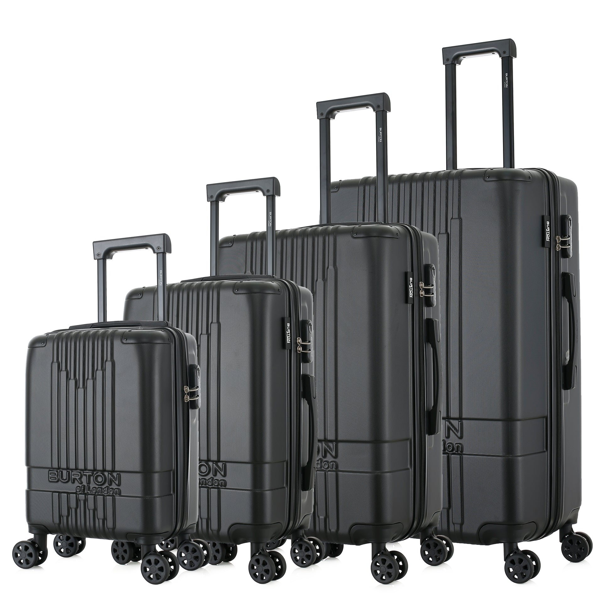 Set de 4 valises noires de notre collection Burton, London, de côté
