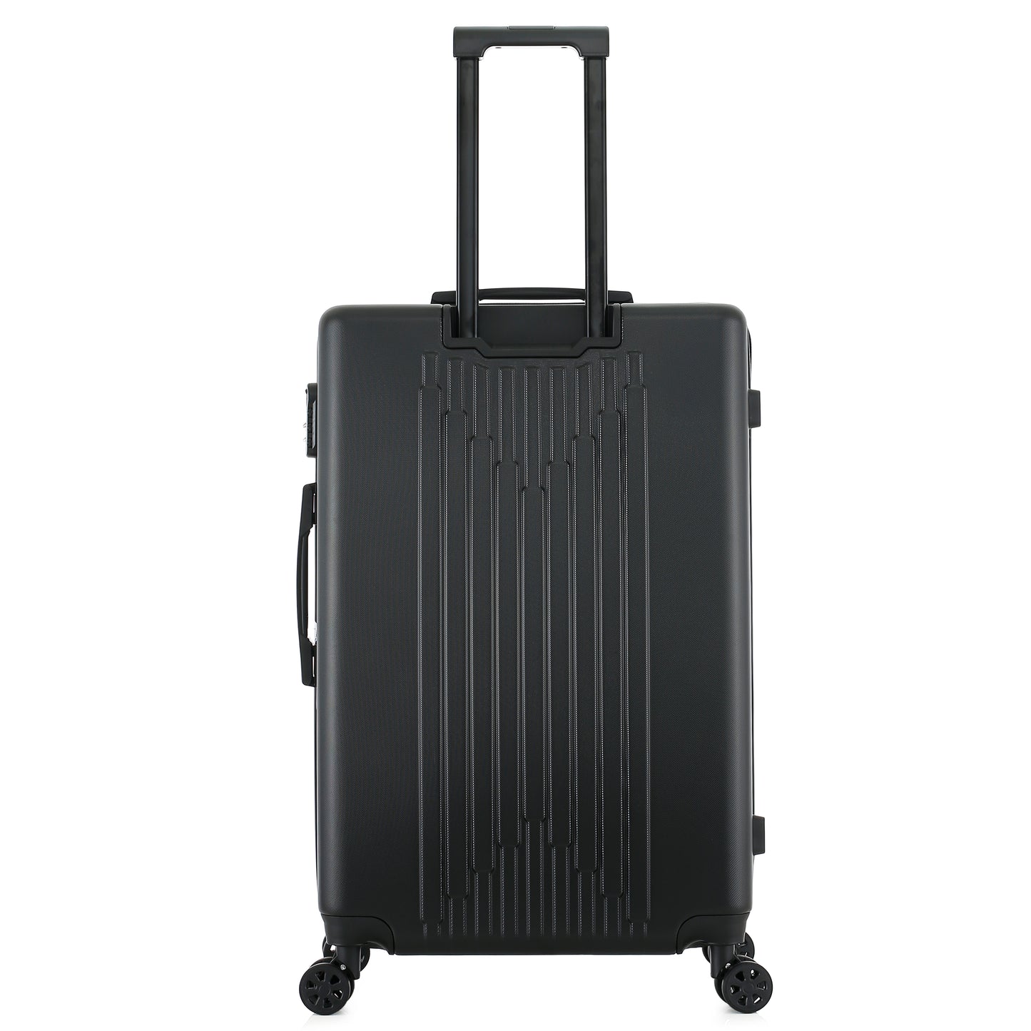 Grande valise noire de dos
