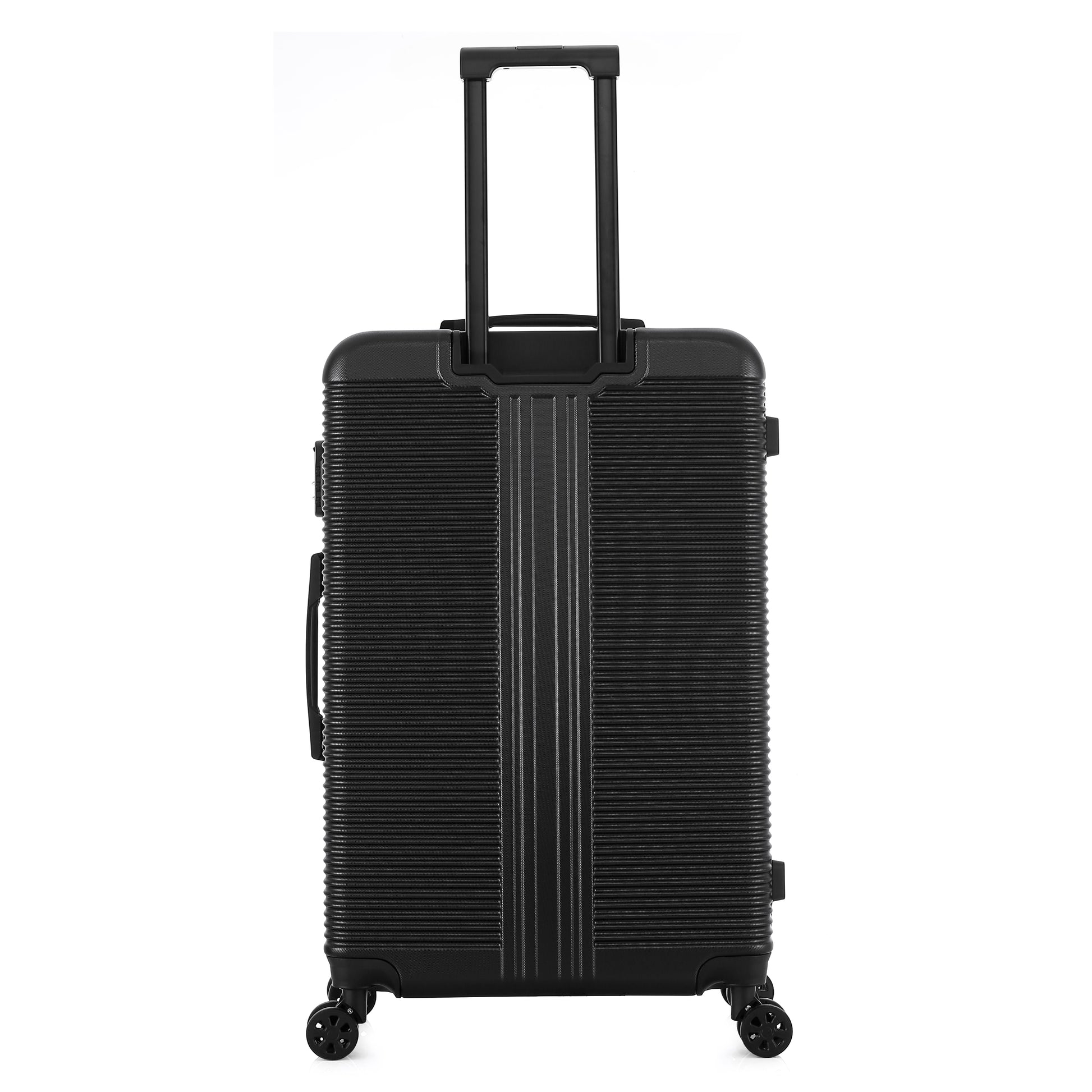 Grande valise noire de dos
