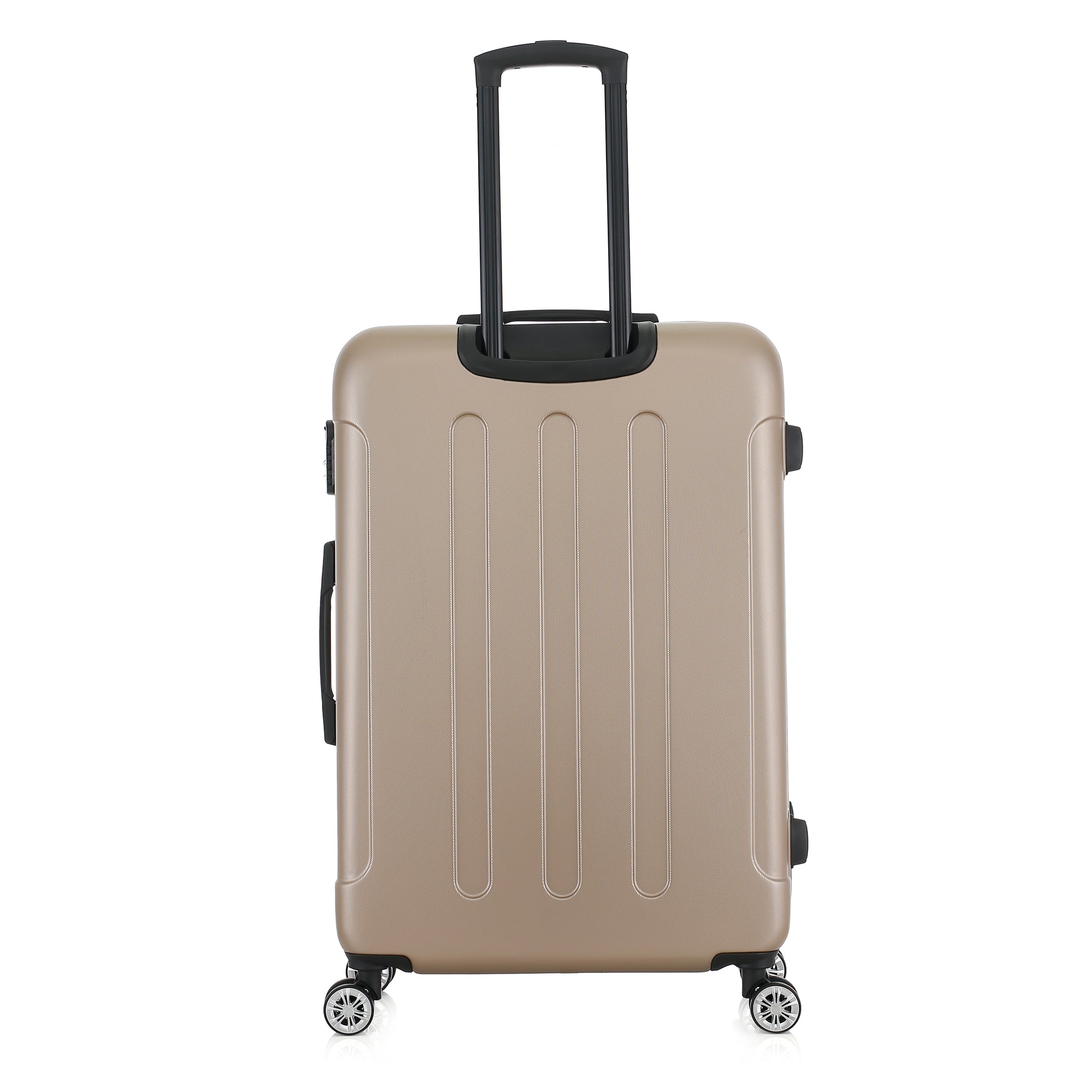 Grande valise beige de dos
