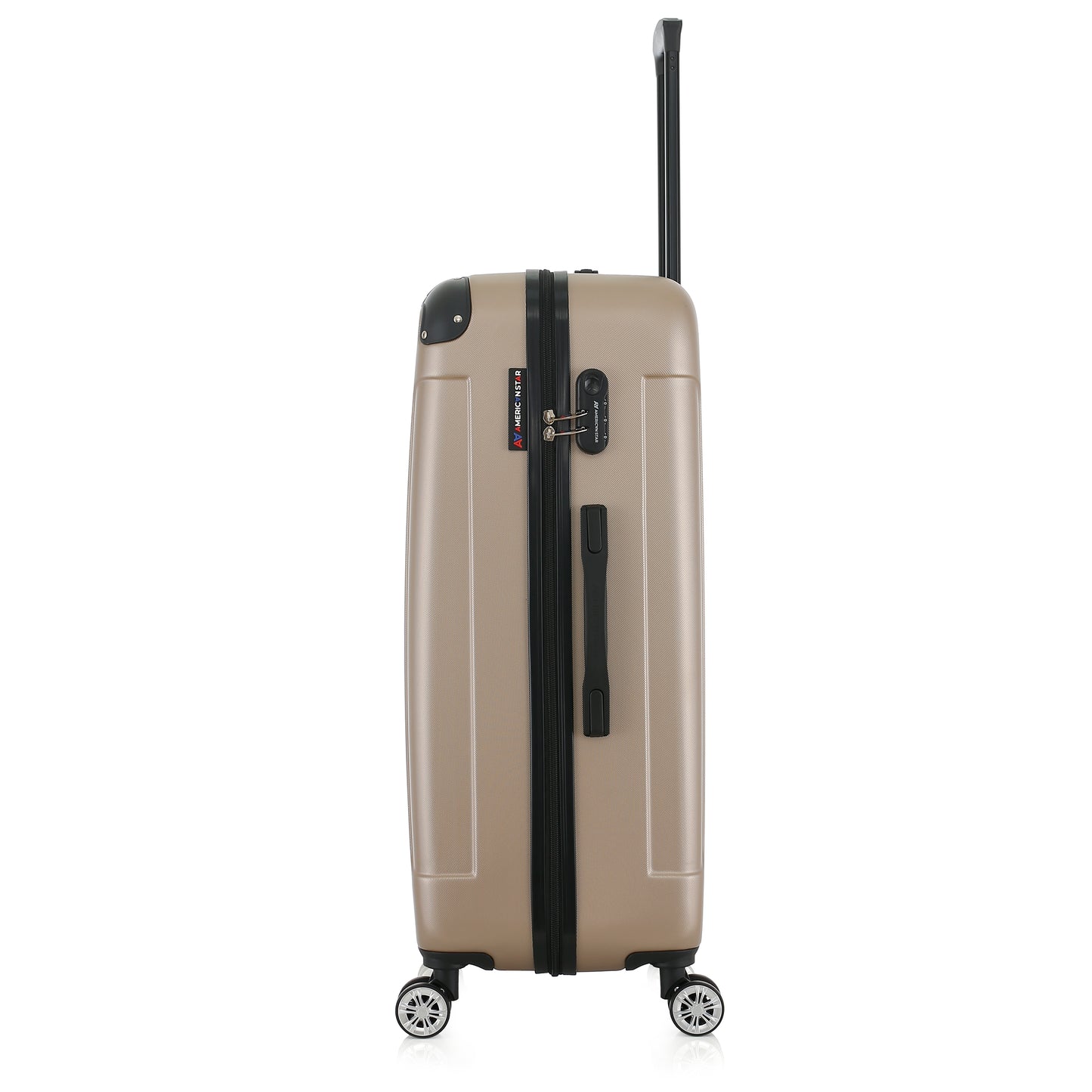 Grande valise beige de côté
