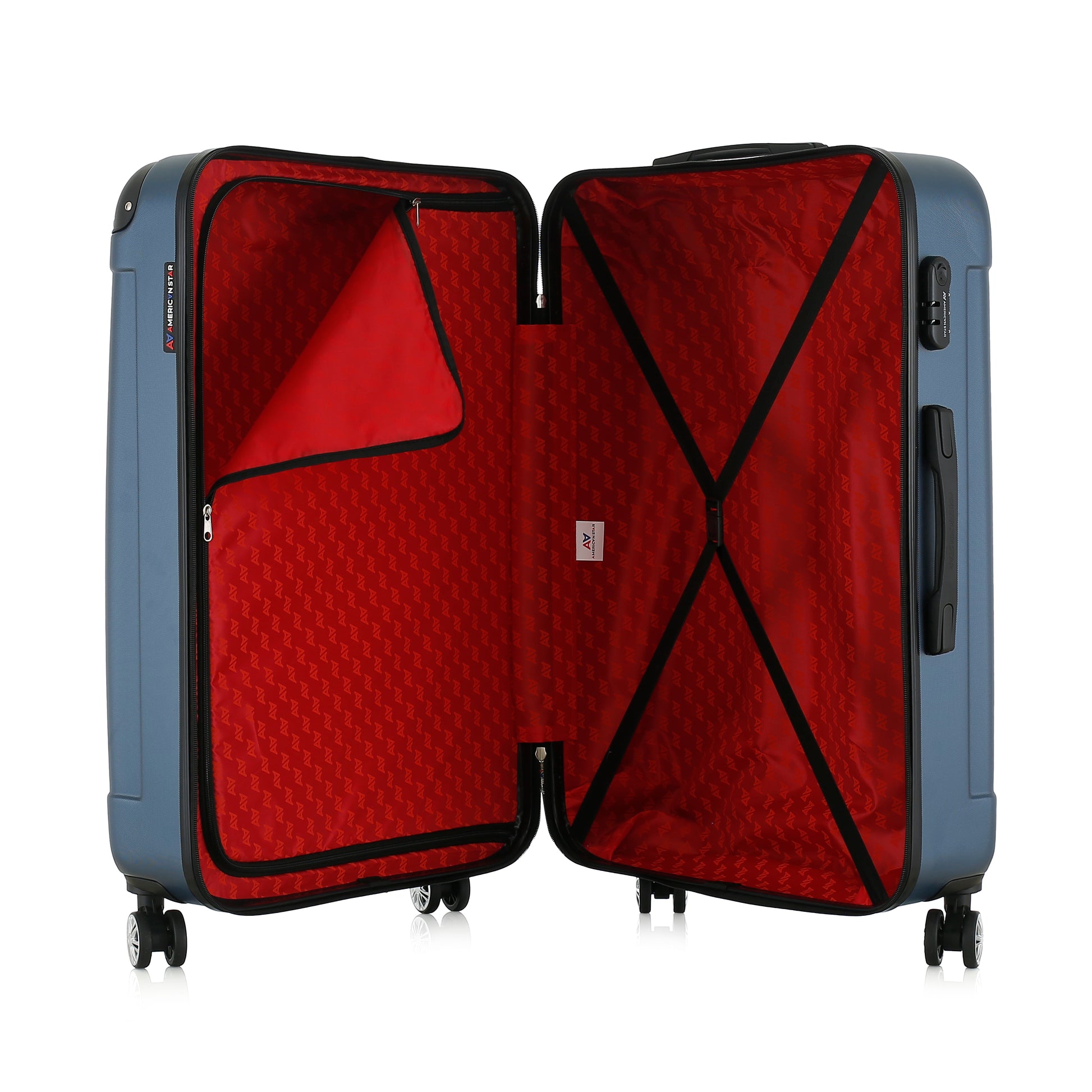 Grande valise bleue ouverte
