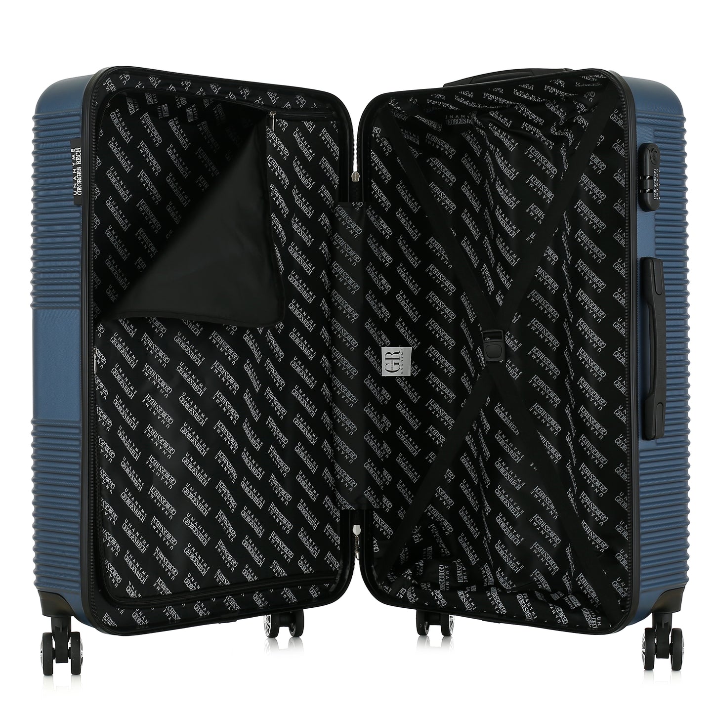 Valise bleue de notre collection Georges Rech, Milan, taille L, ouverte