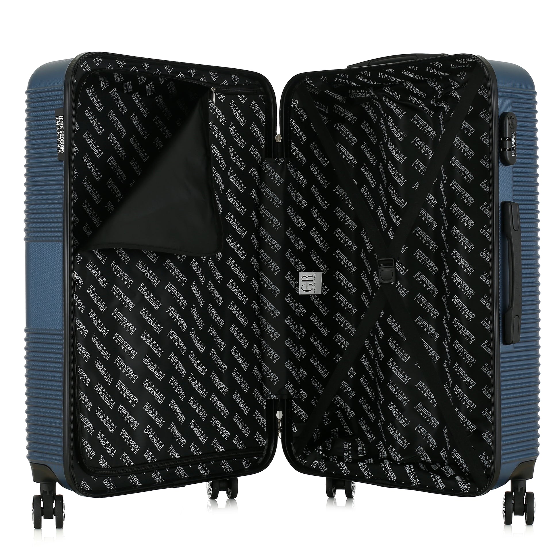 Valise bleue de notre collection Georges Rech, Milan, taille L, ouverte