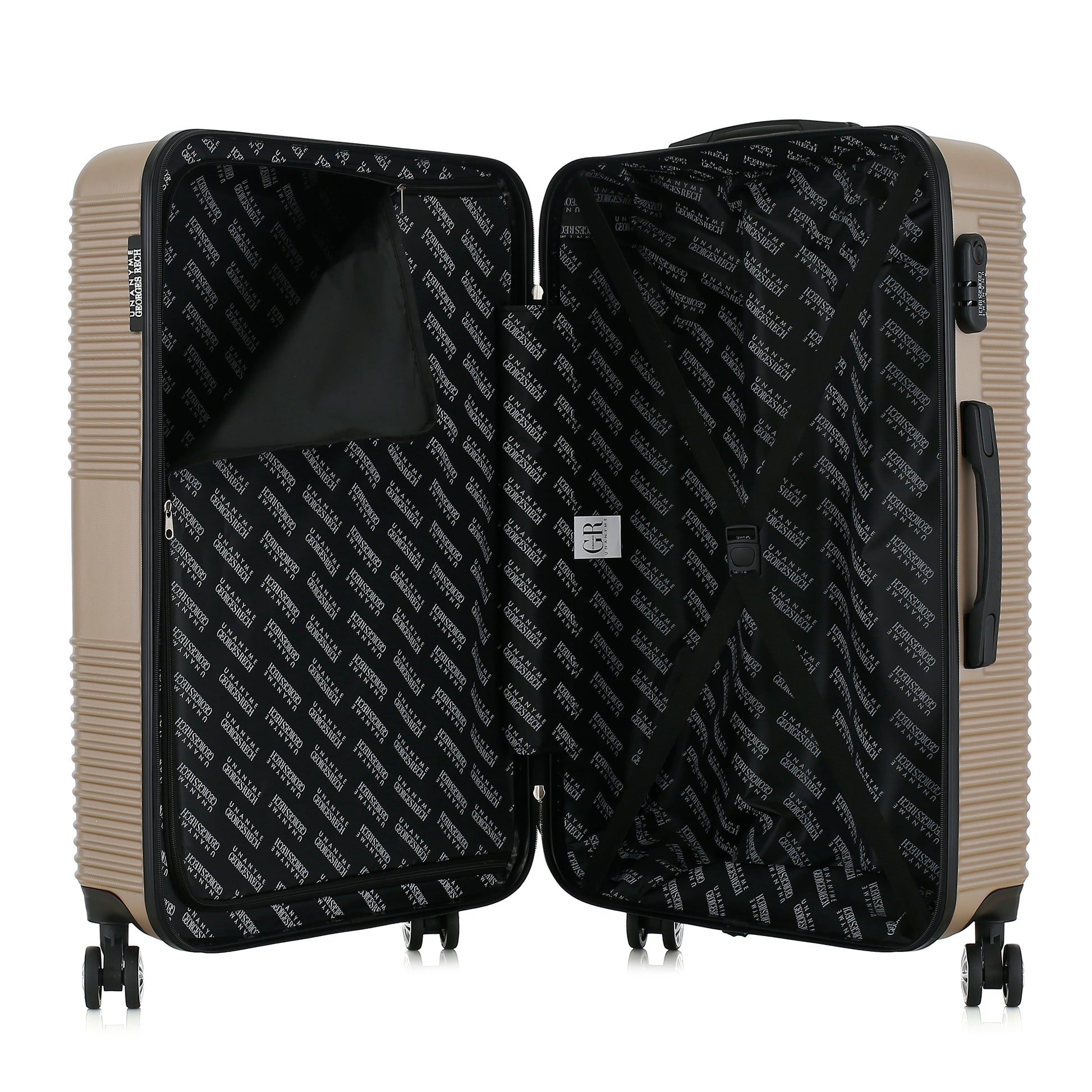 Grande valise beige ouverte
