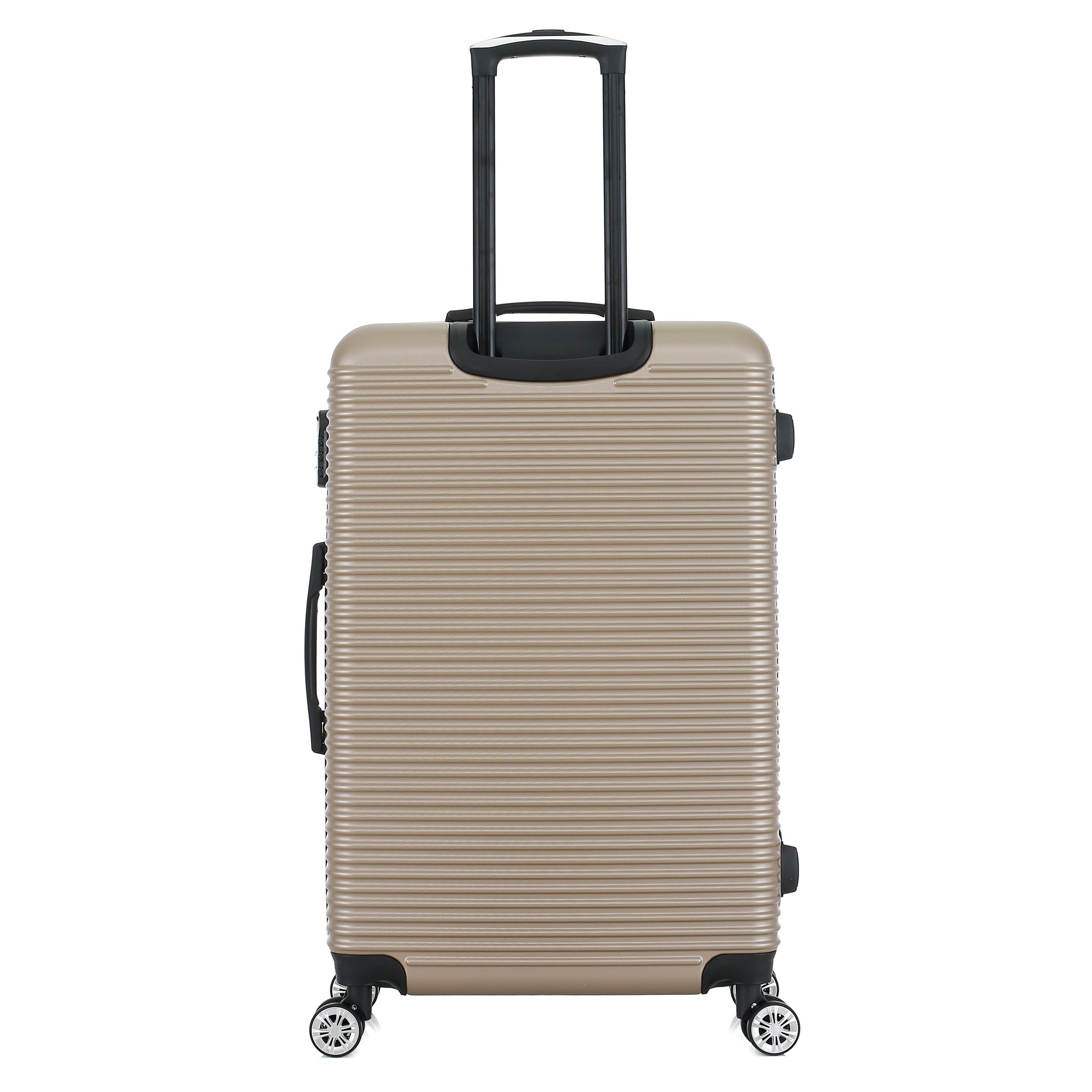 Grande valise beige de dos
