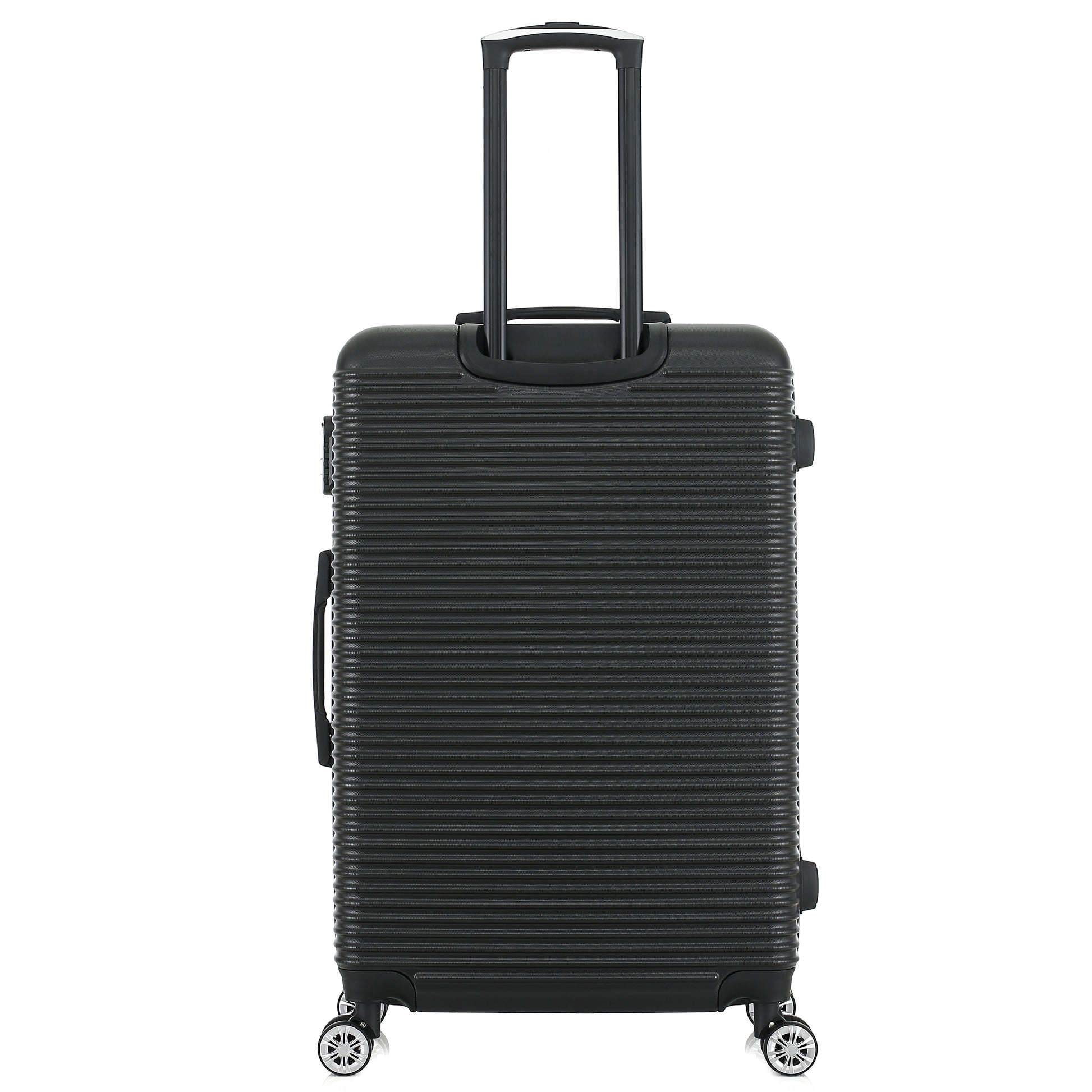 Grande valise noire de dos
