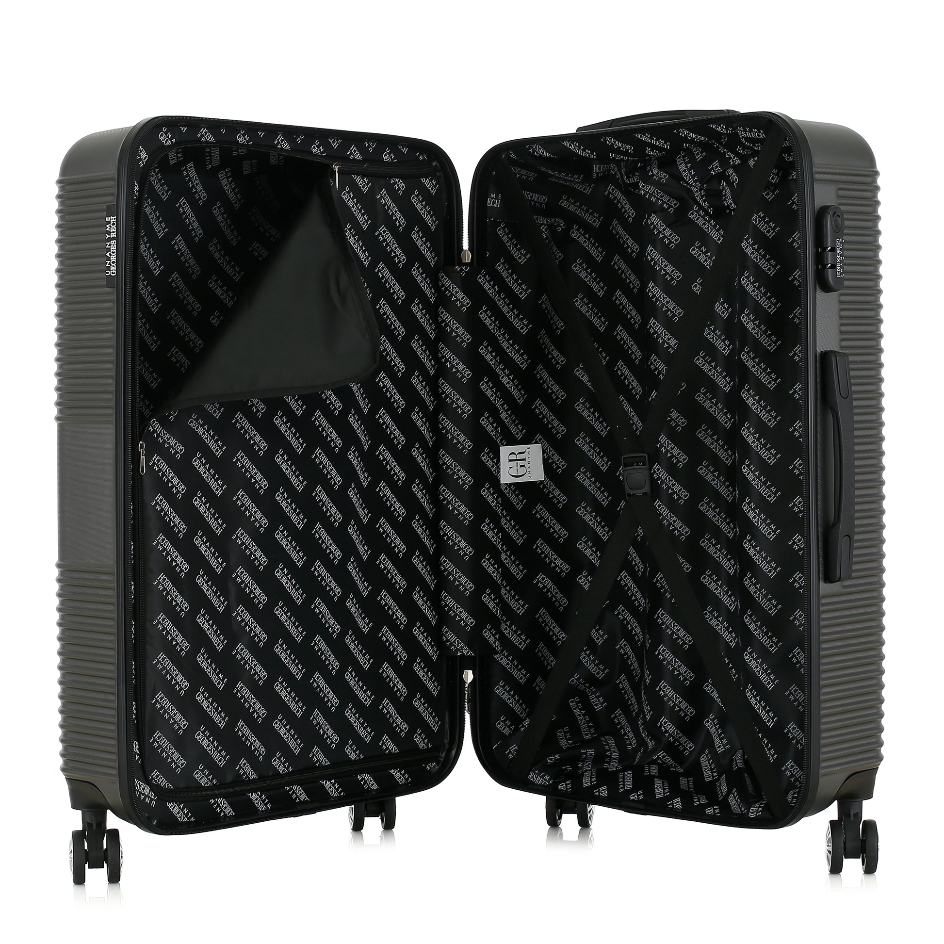 Grande valise grise ouverte
