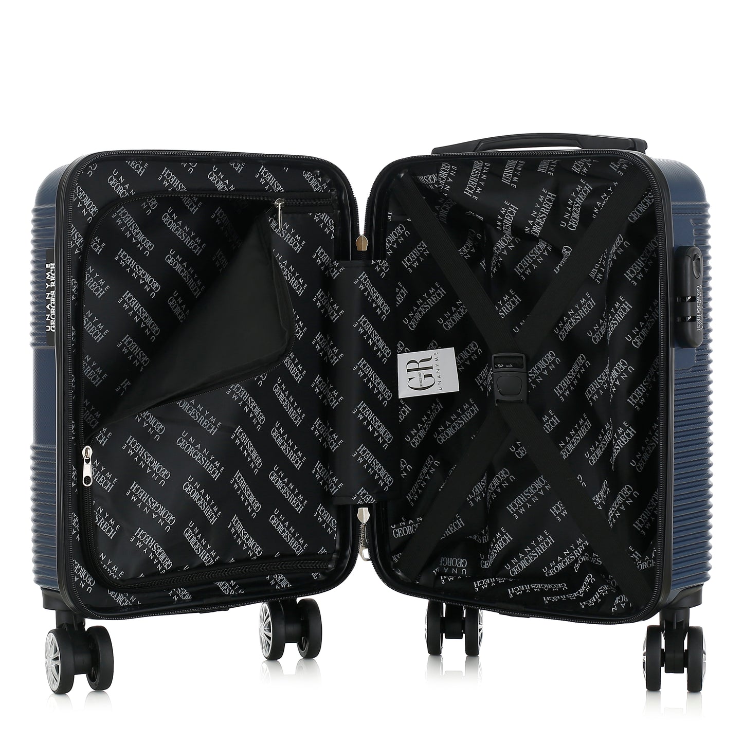 Valise bleue de notre collection Georges Rech, Milan, taille XS, ouverte