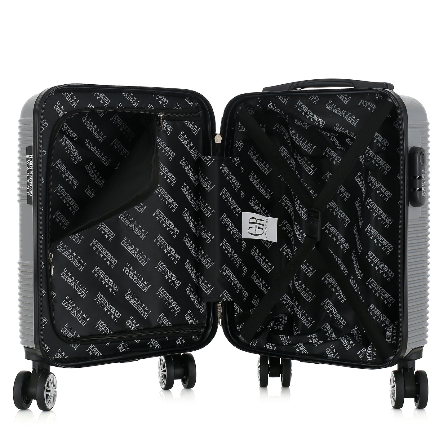 Valise argentée de notre collection Georges Rech, Milan, taille XS, ouverte