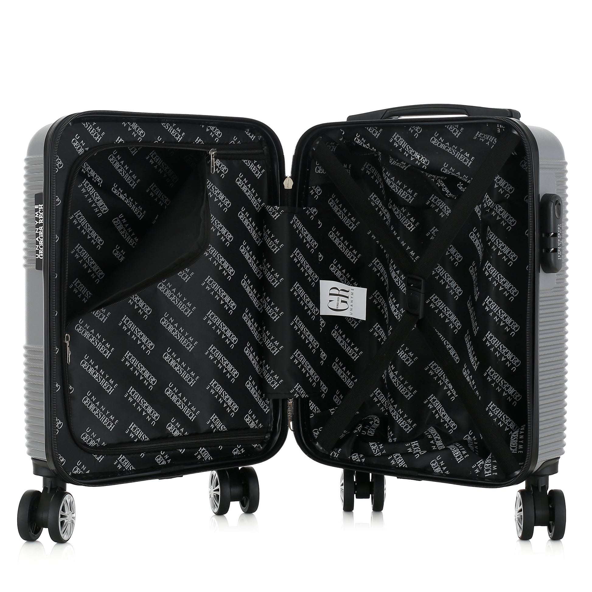 Valise argentée de notre collection Georges Rech, Milan, taille XS, ouverte