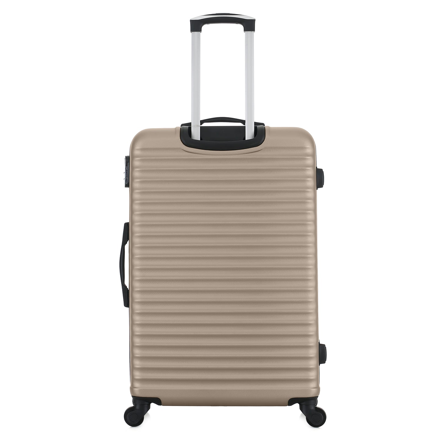 Grande valise noire de dos
