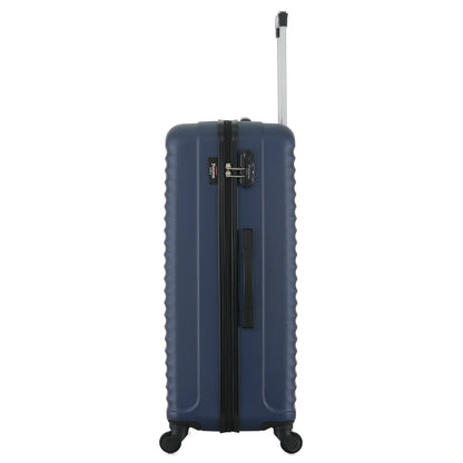 Grande valise bleue de côté
