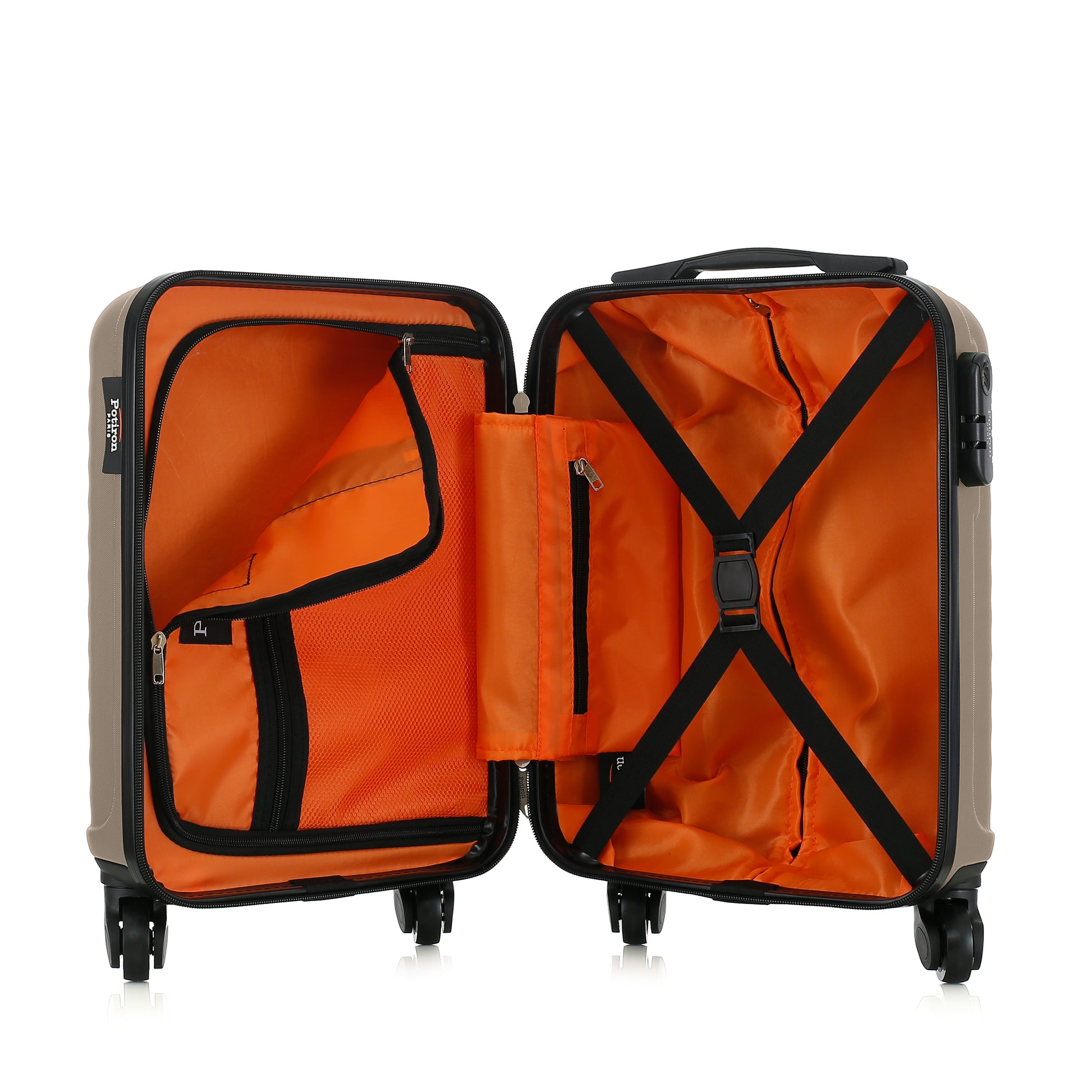 Valise beige de notre collection Potiron Paris, Montparnasse, taille XS, ouverte
