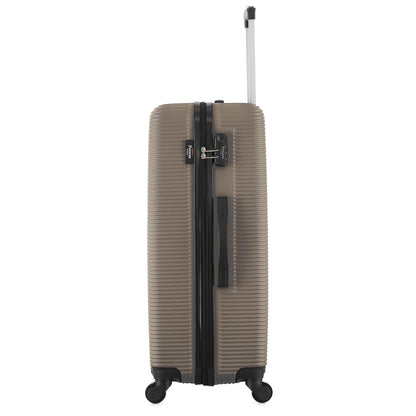 Grande valise beige de côté
