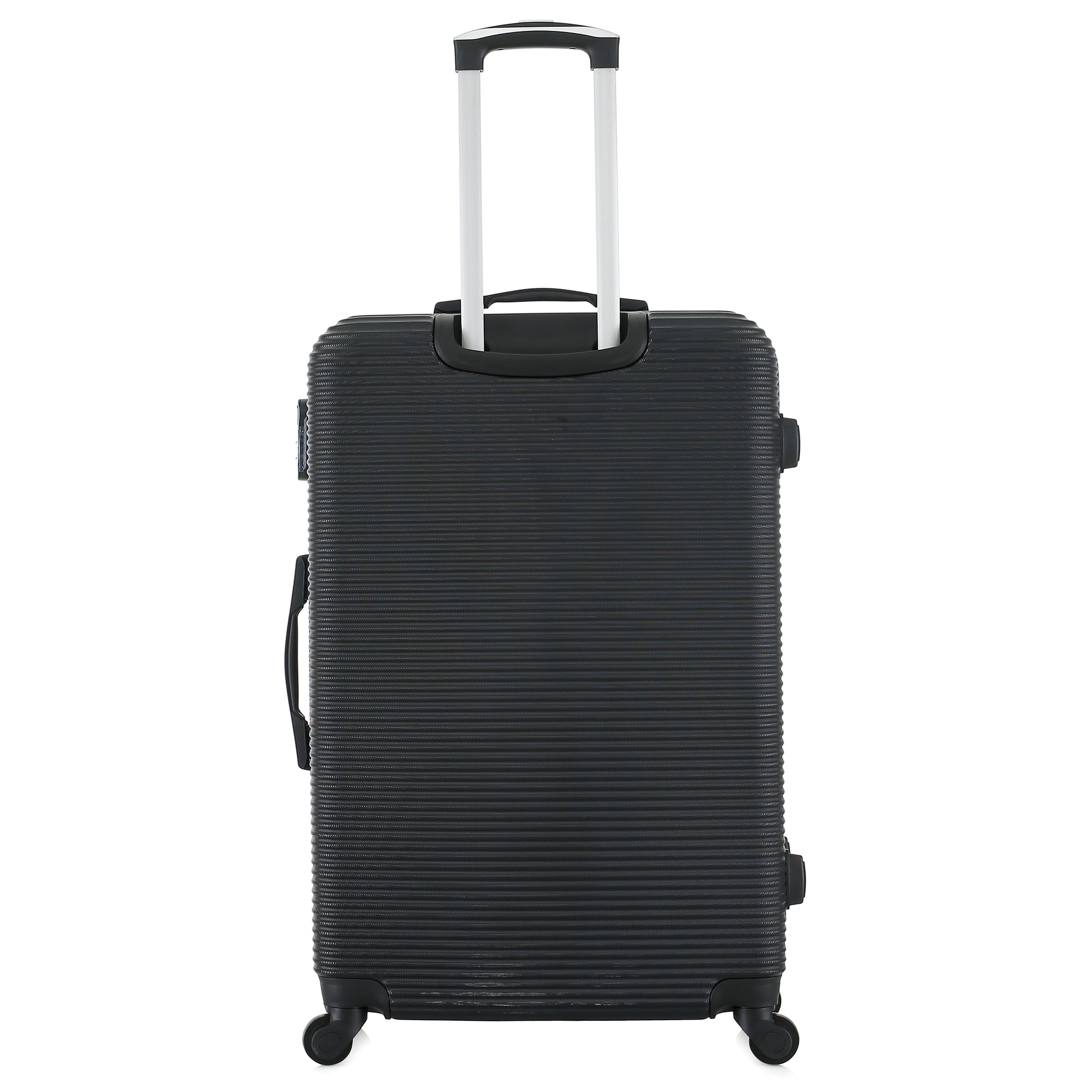 Grande valise noire de dos
