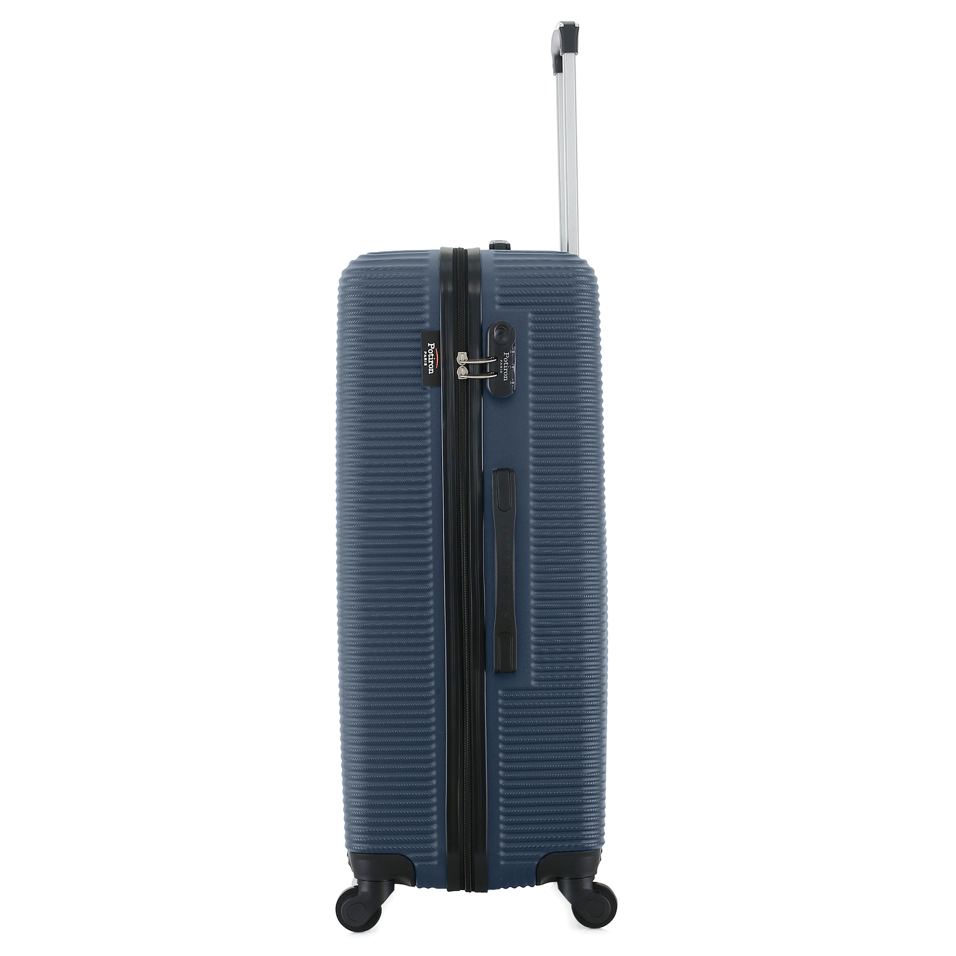 Grande valise bleue de côté
