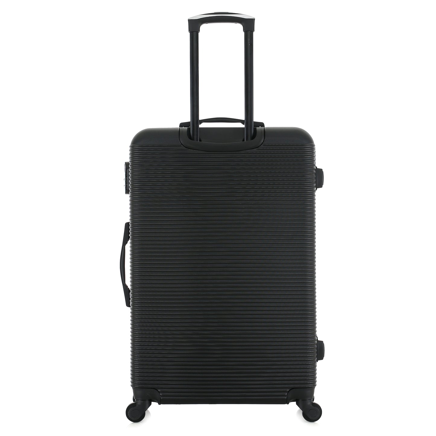 Grande valise noire de dos
