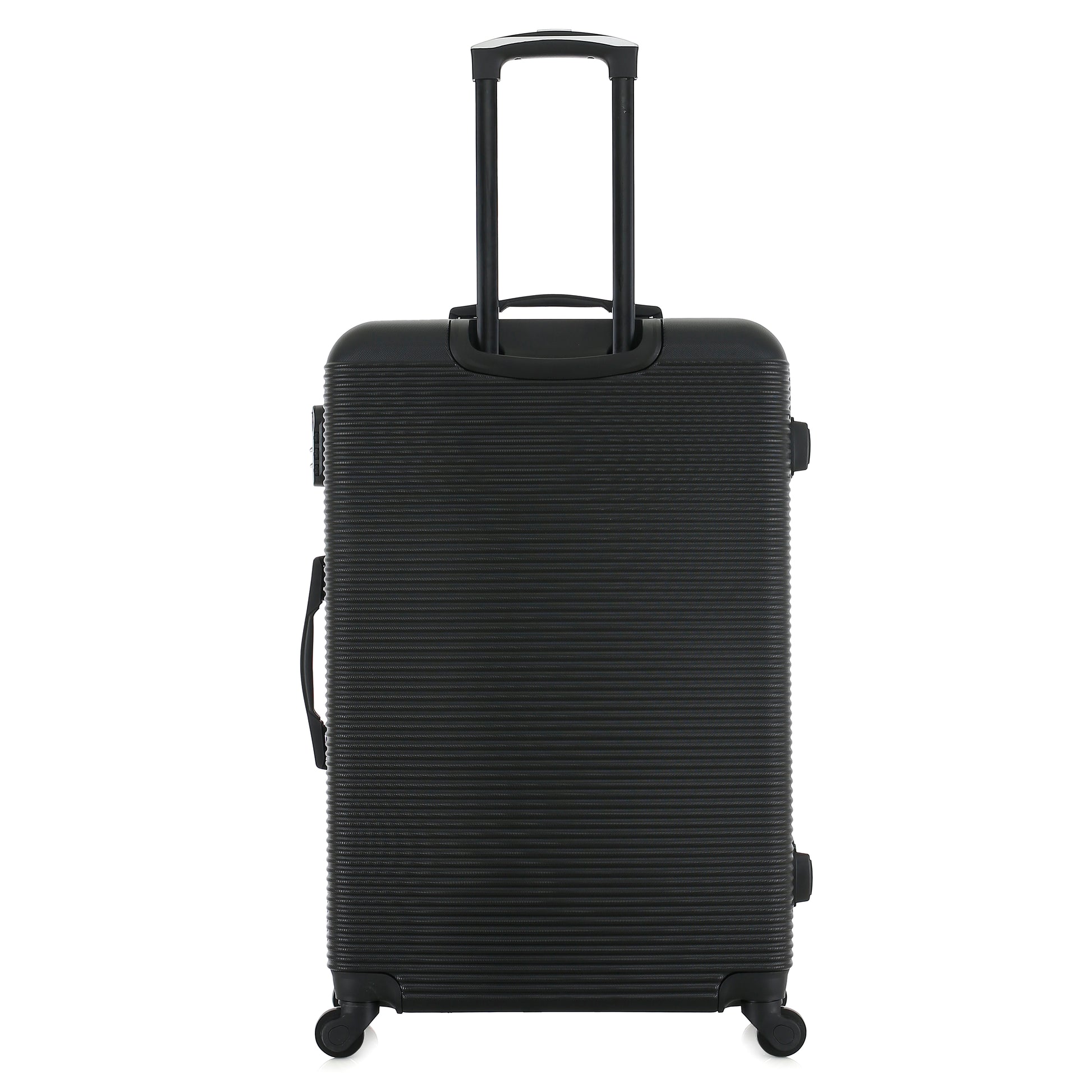 Grande valise noire de dos
