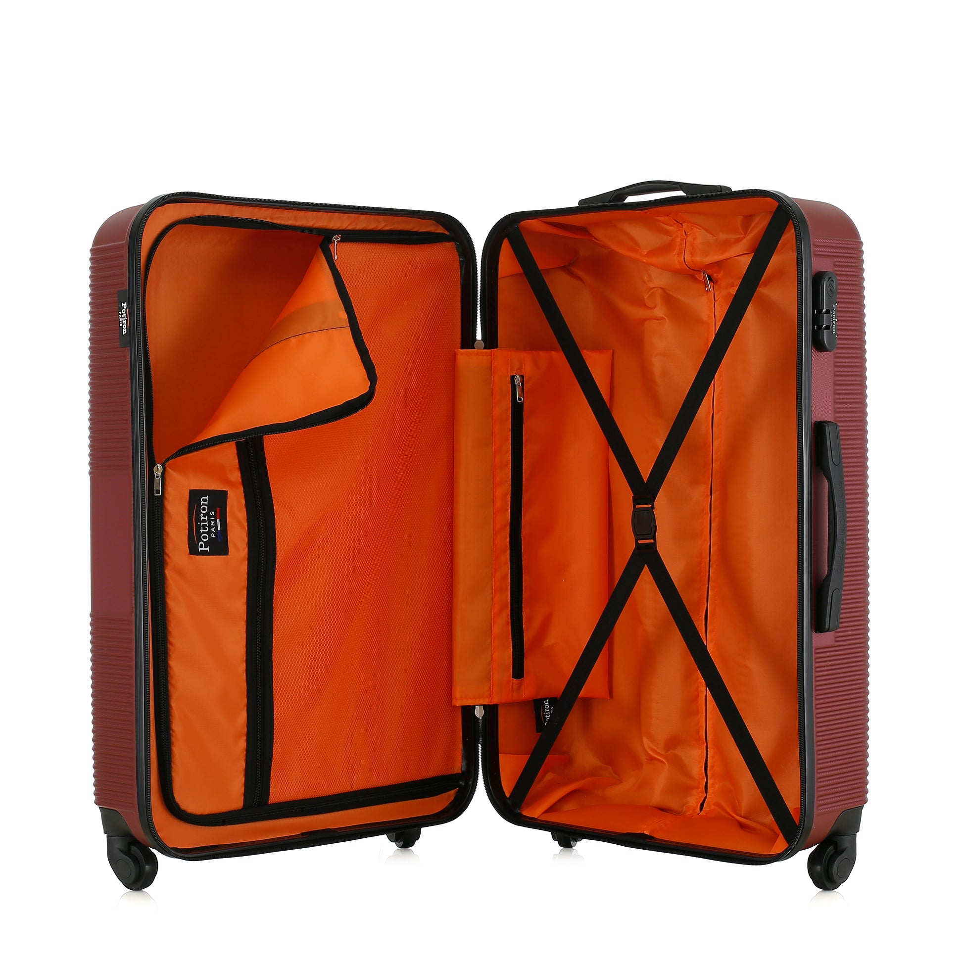 Grande valise bordeaux ouverte
