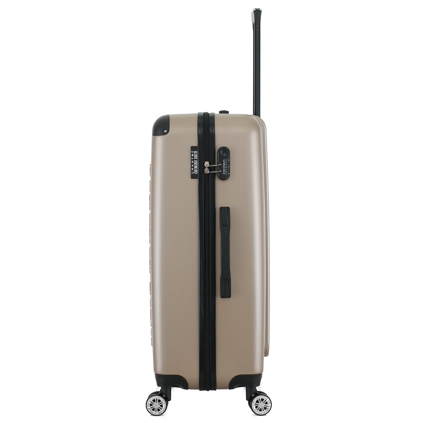 Grande valise beige de côté
