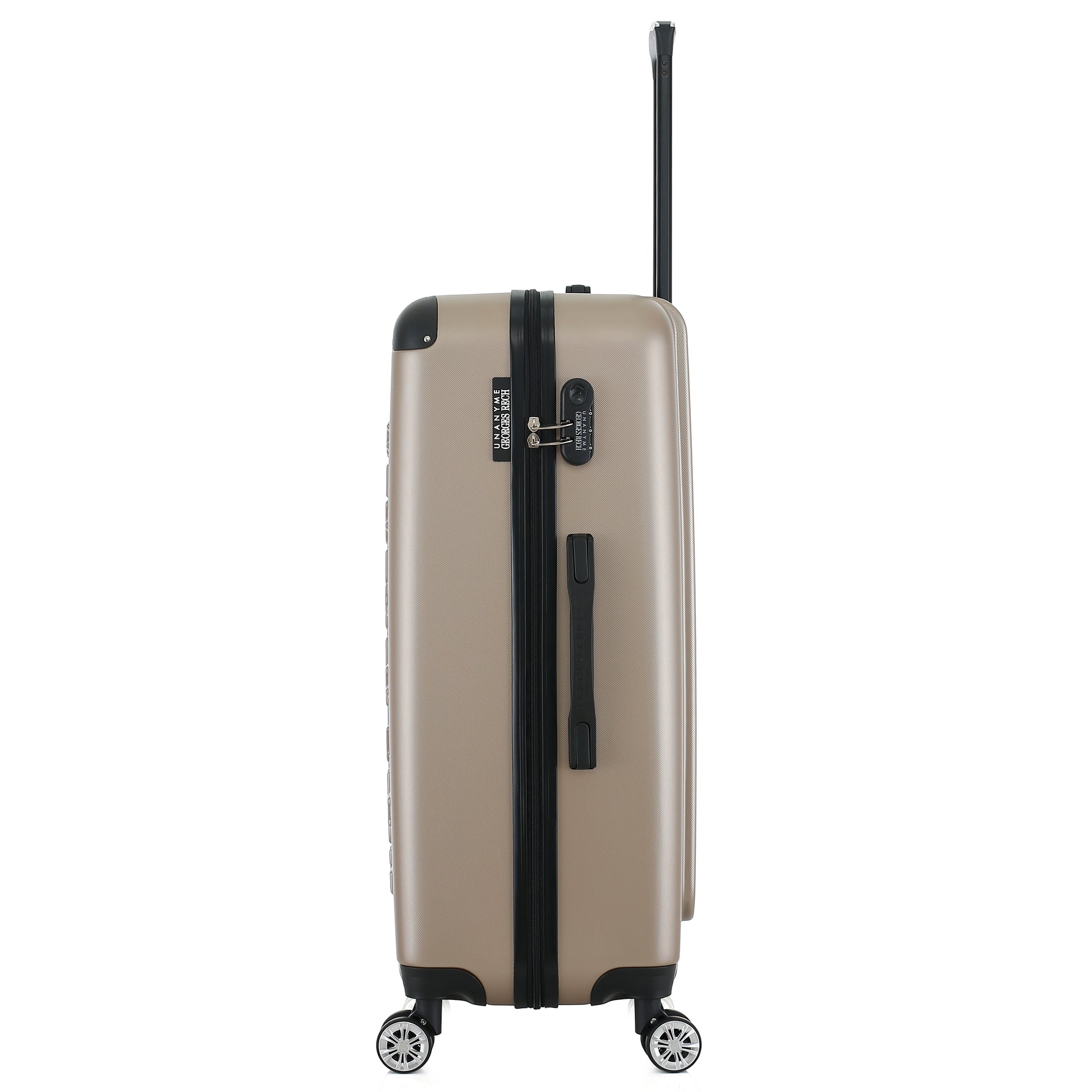 Grande valise beige de côté
