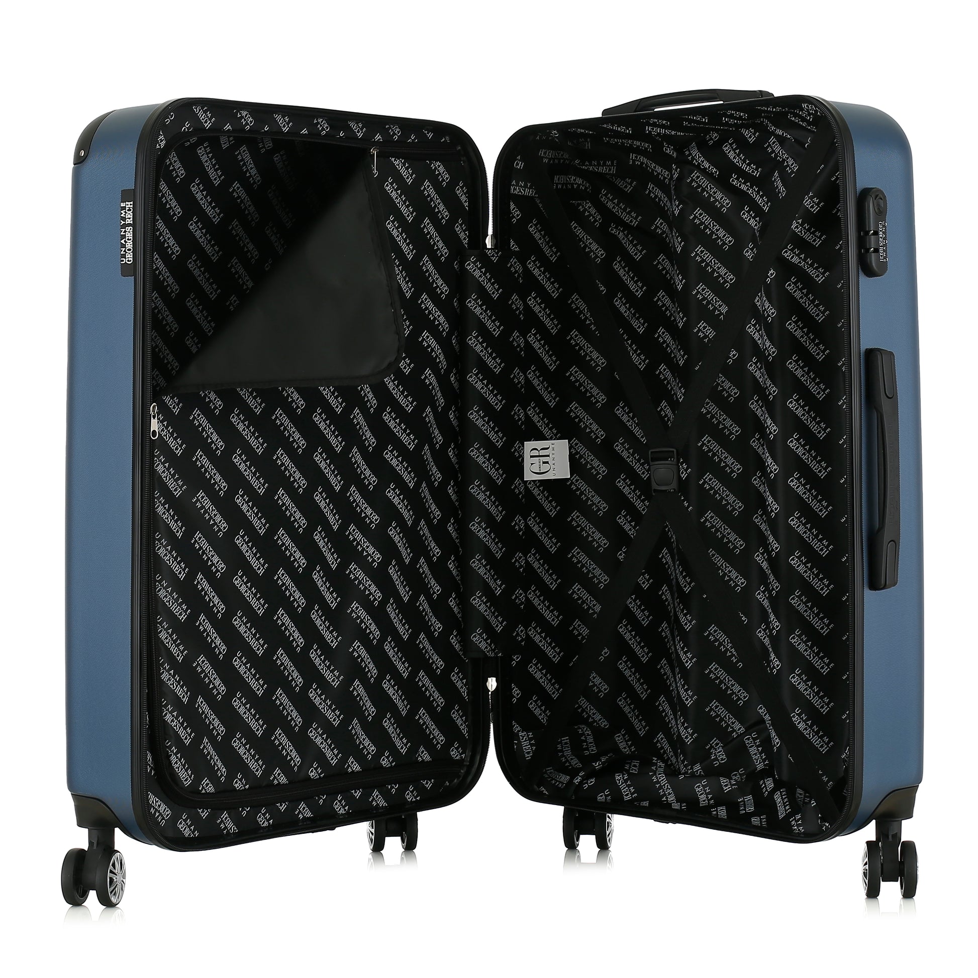 Grande valise bleue ouverte
