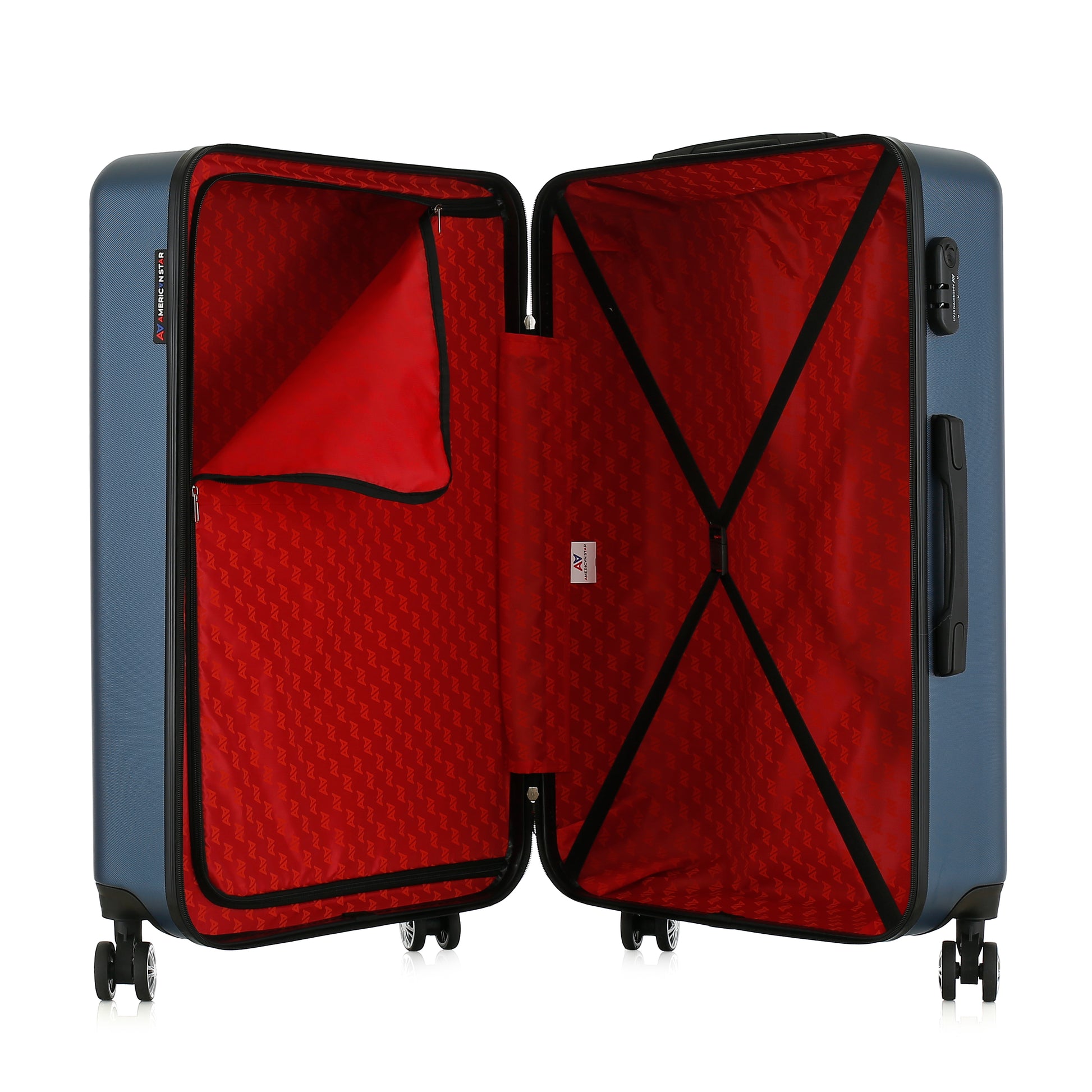 Valise bleue de notre collection American Star, Seattle, taille L, ouverte