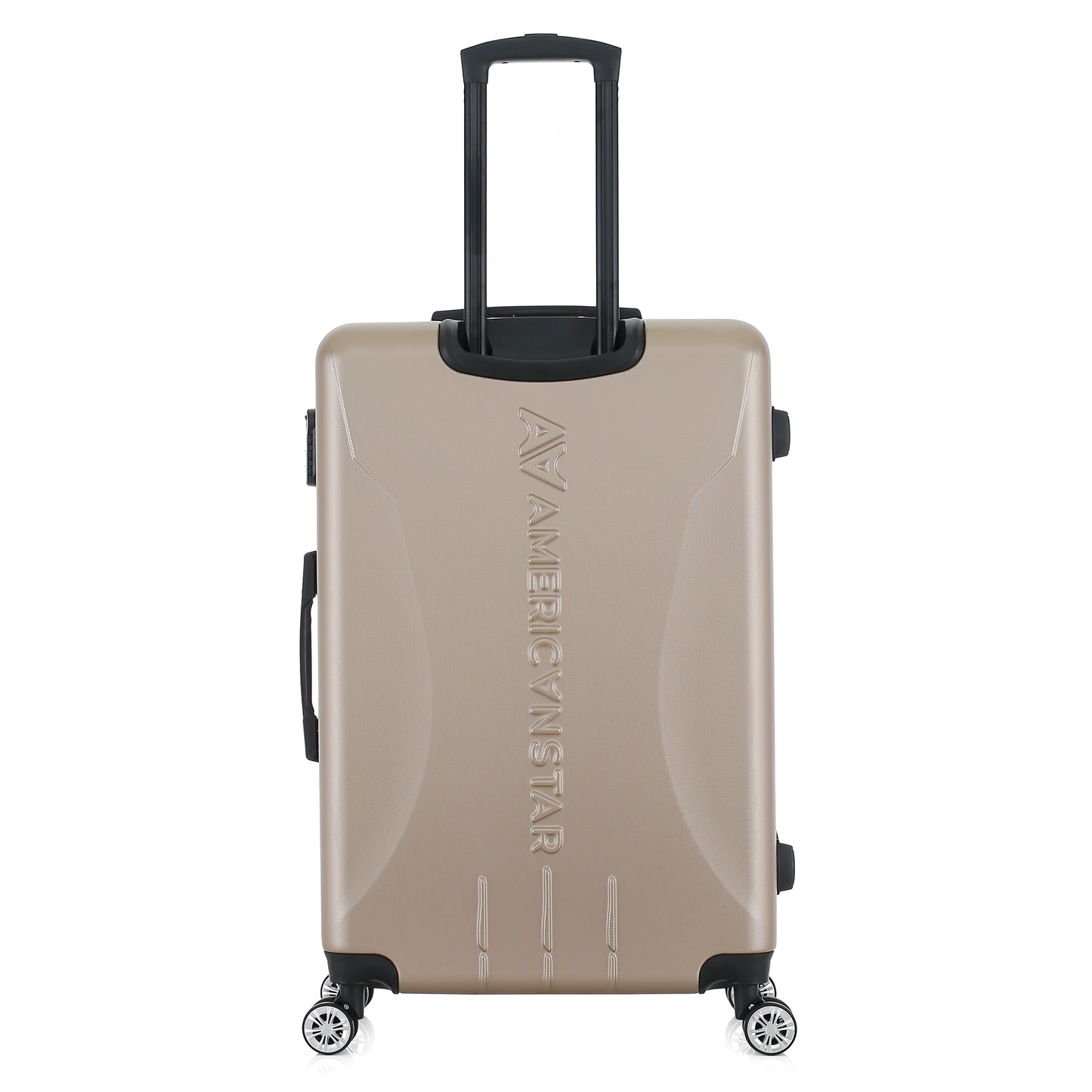 Grande valise beige de dos
