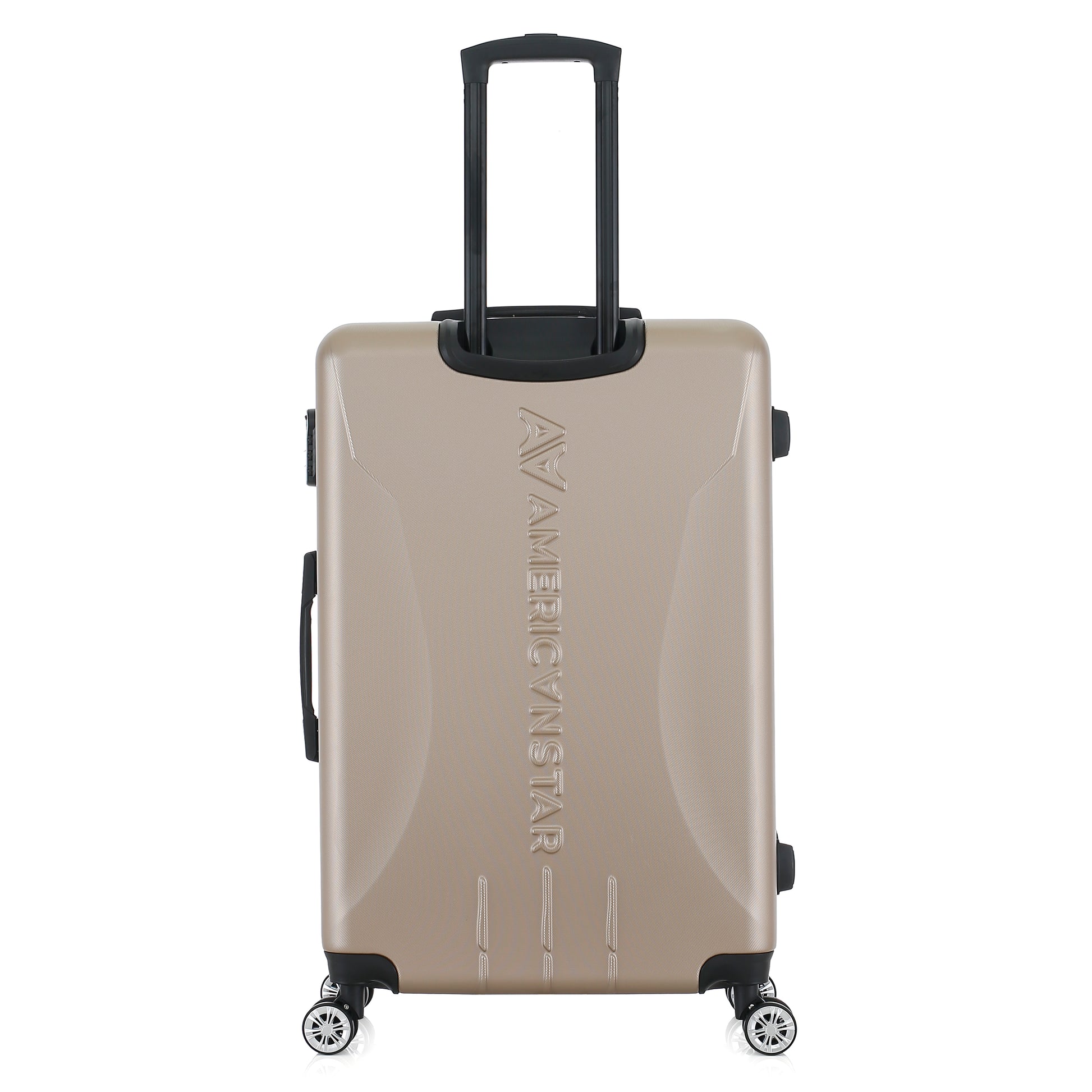 Grande valise beige de dos
