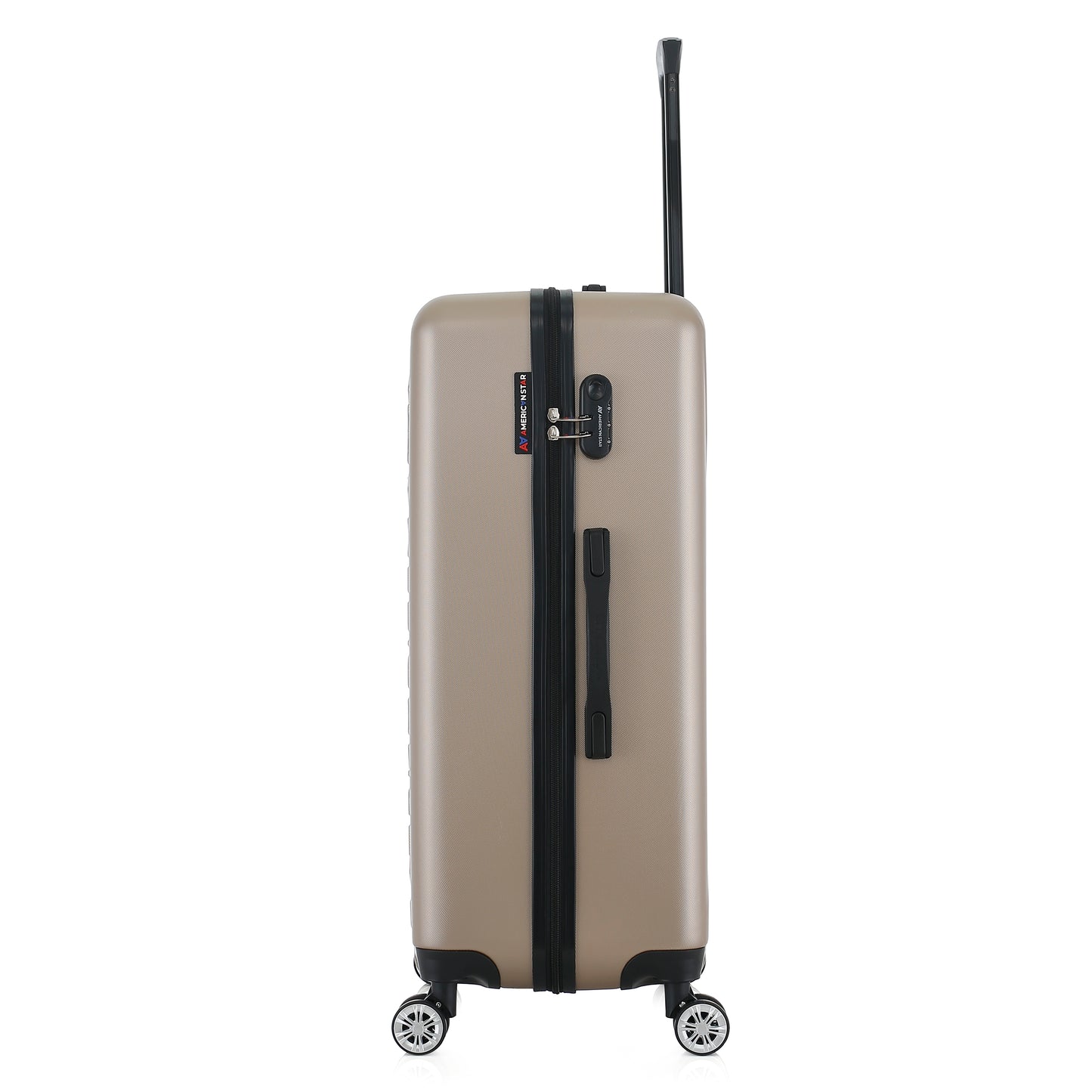 Grande valise beige de côté
