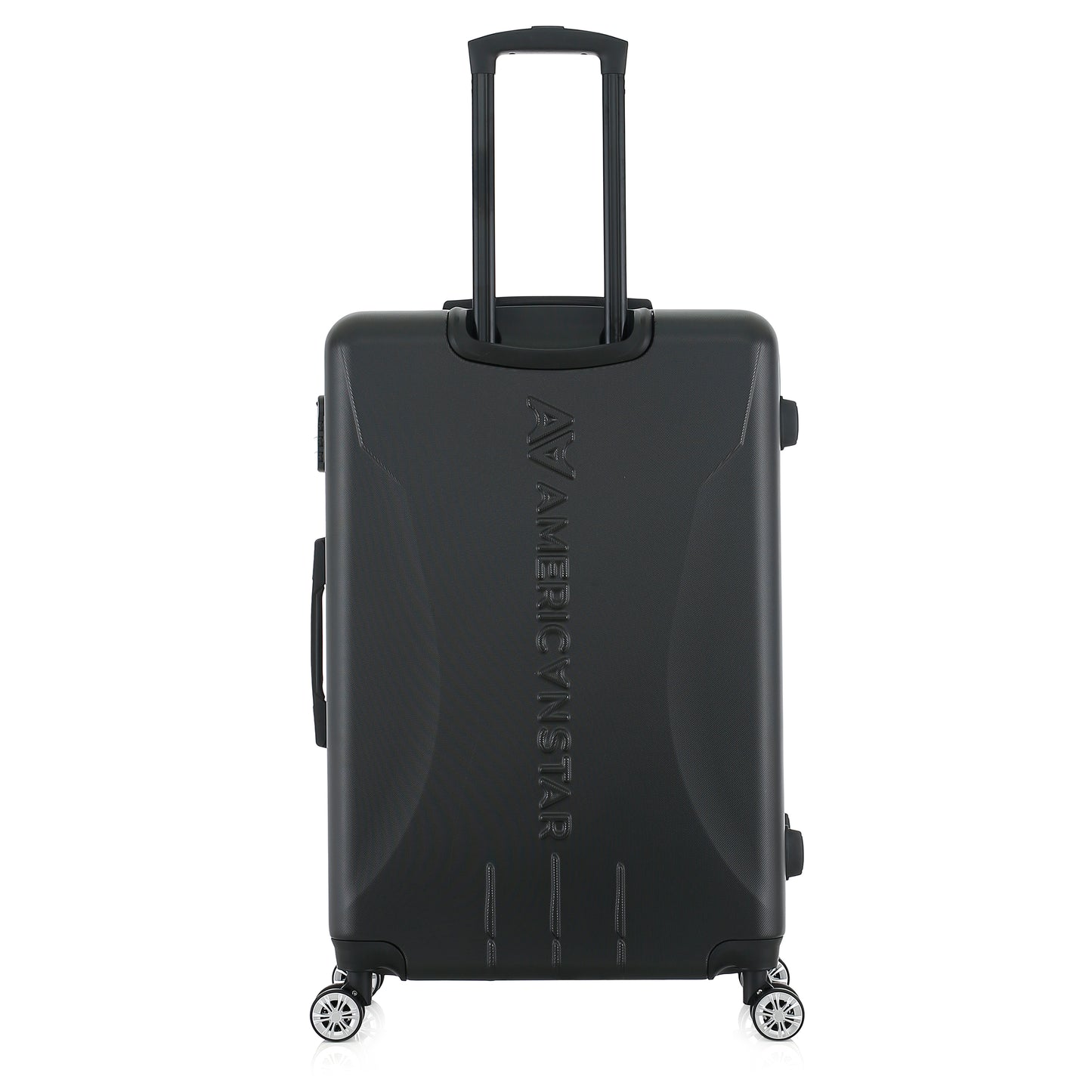 Grande valise noire de dos
