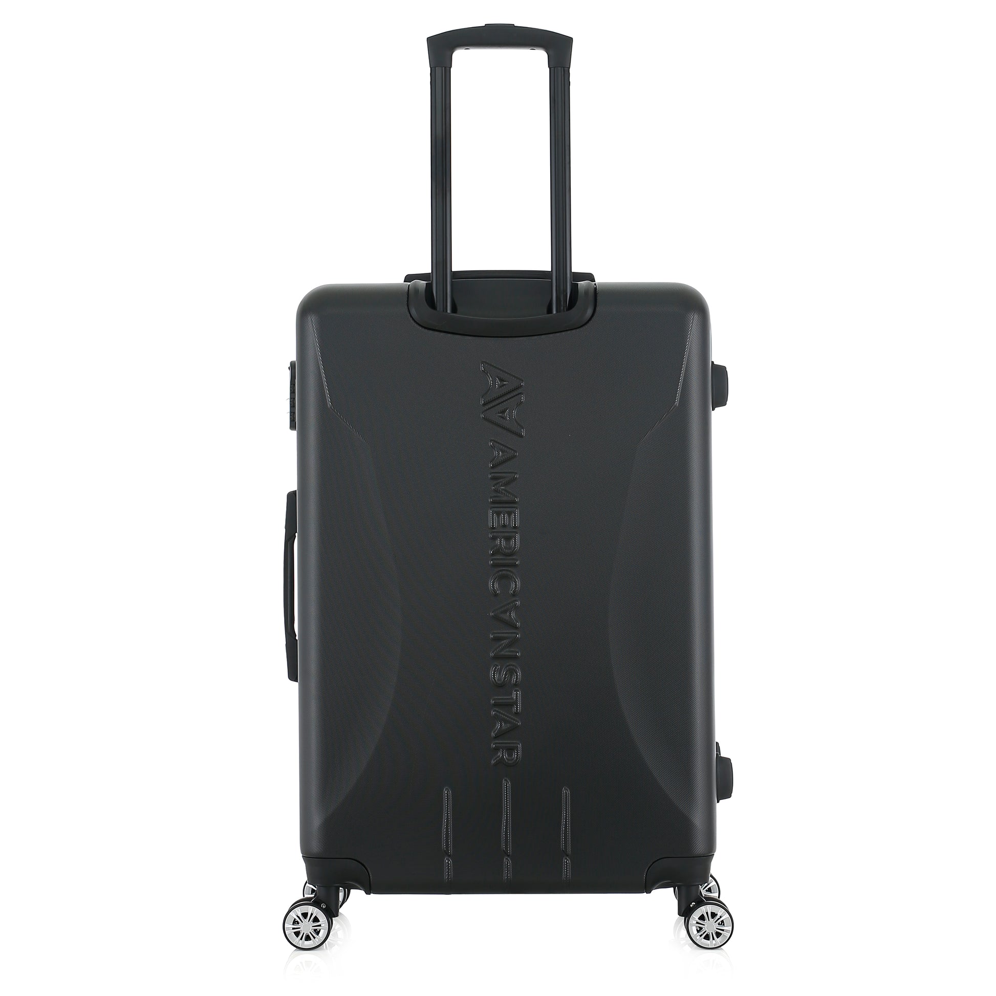 Grande valise noire de dos
