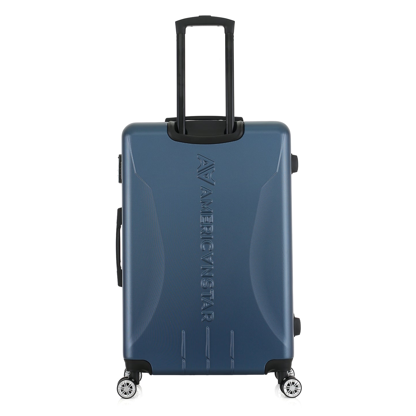 Grande valise bleue de dos
