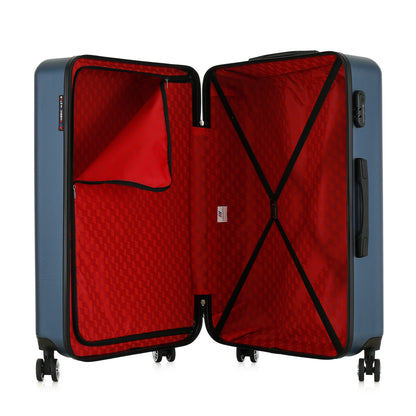 Grande valise bleue ouverte
