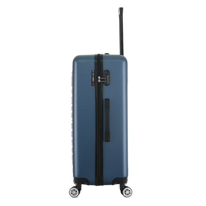 Grande valise bleue de côté
