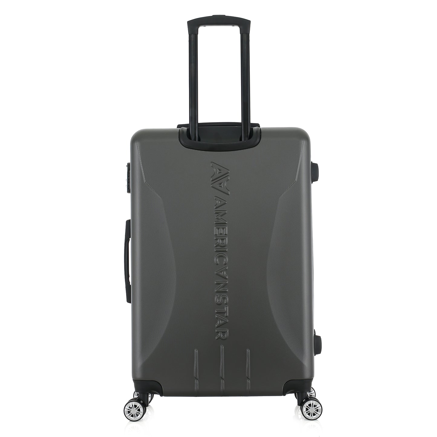 Grande valise grise de dos
